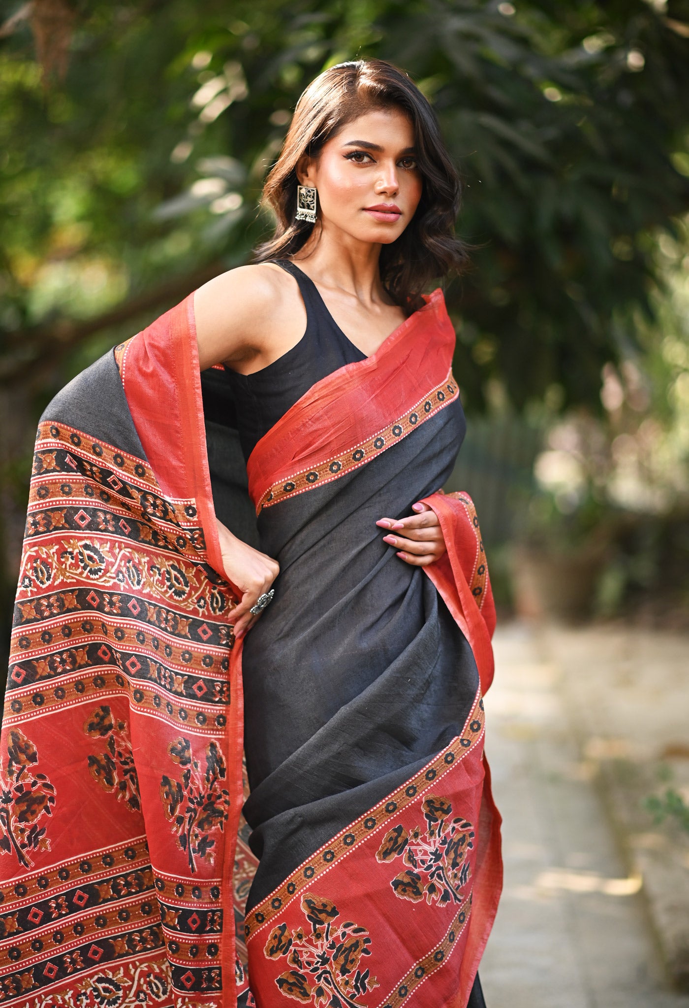 Black Pure  Hand Block Printed Pashmina Sico Saree-UNM81626