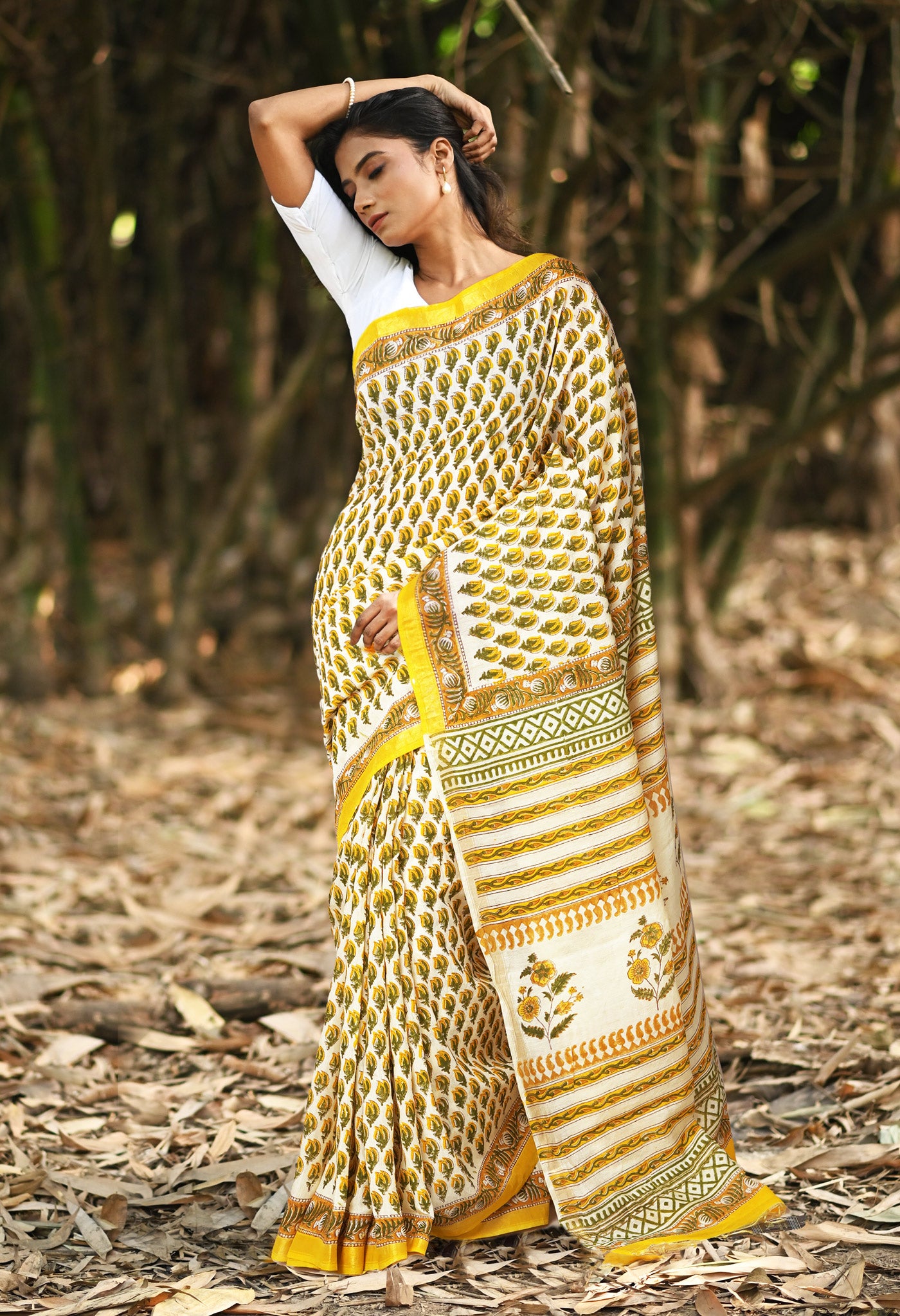 Ivory-Yellow Pure Hand Block Printed Pashmina Sico Saree-UNM81627