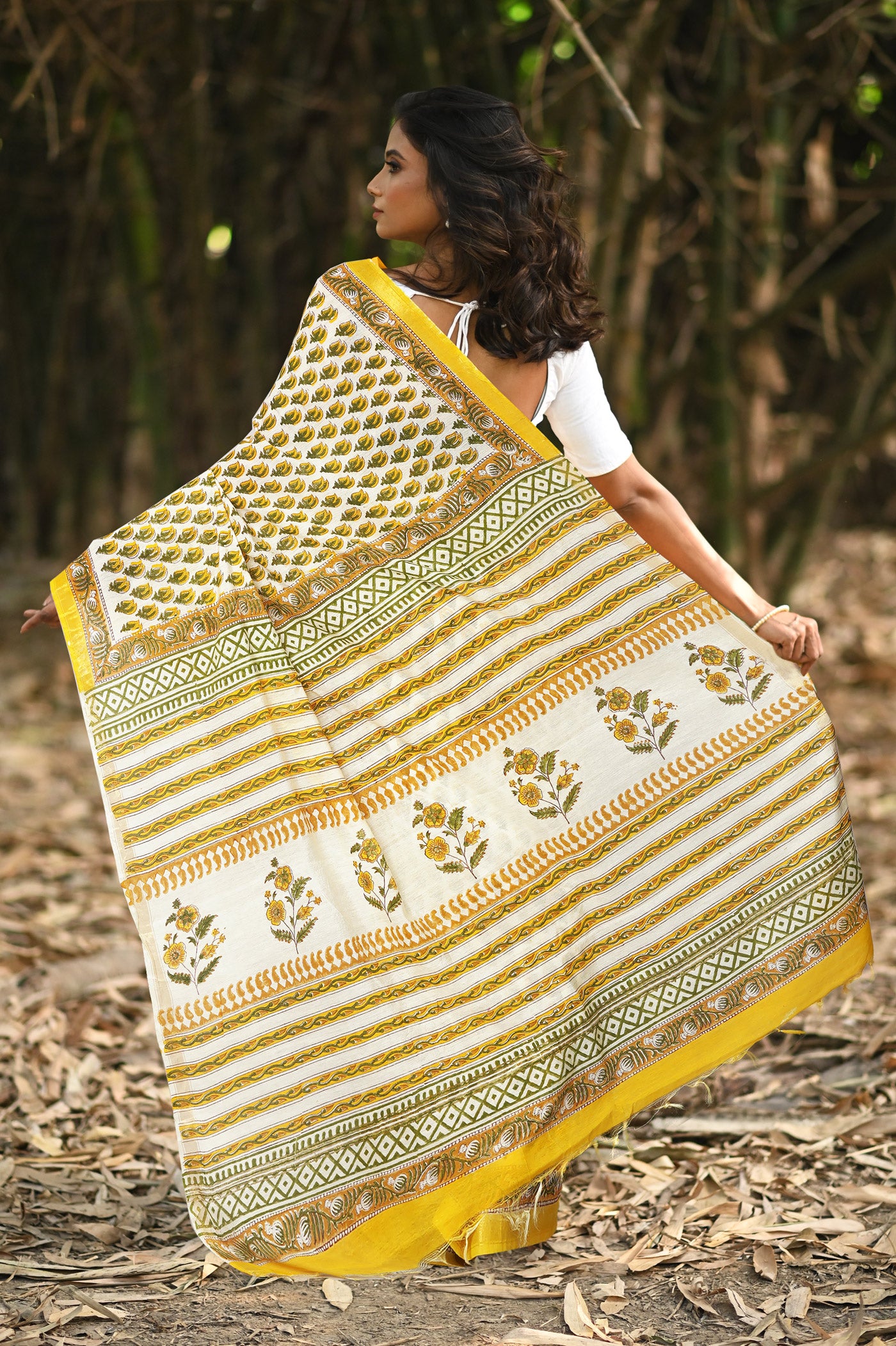 Ivory-Yellow Pure Hand Block Printed Pashmina Sico Saree-UNM81627