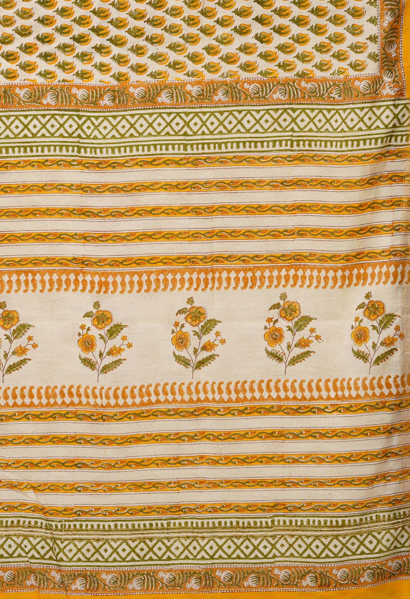 Ivory-Yellow Pure Hand Block Printed Pashmina Sico Saree-UNM81627