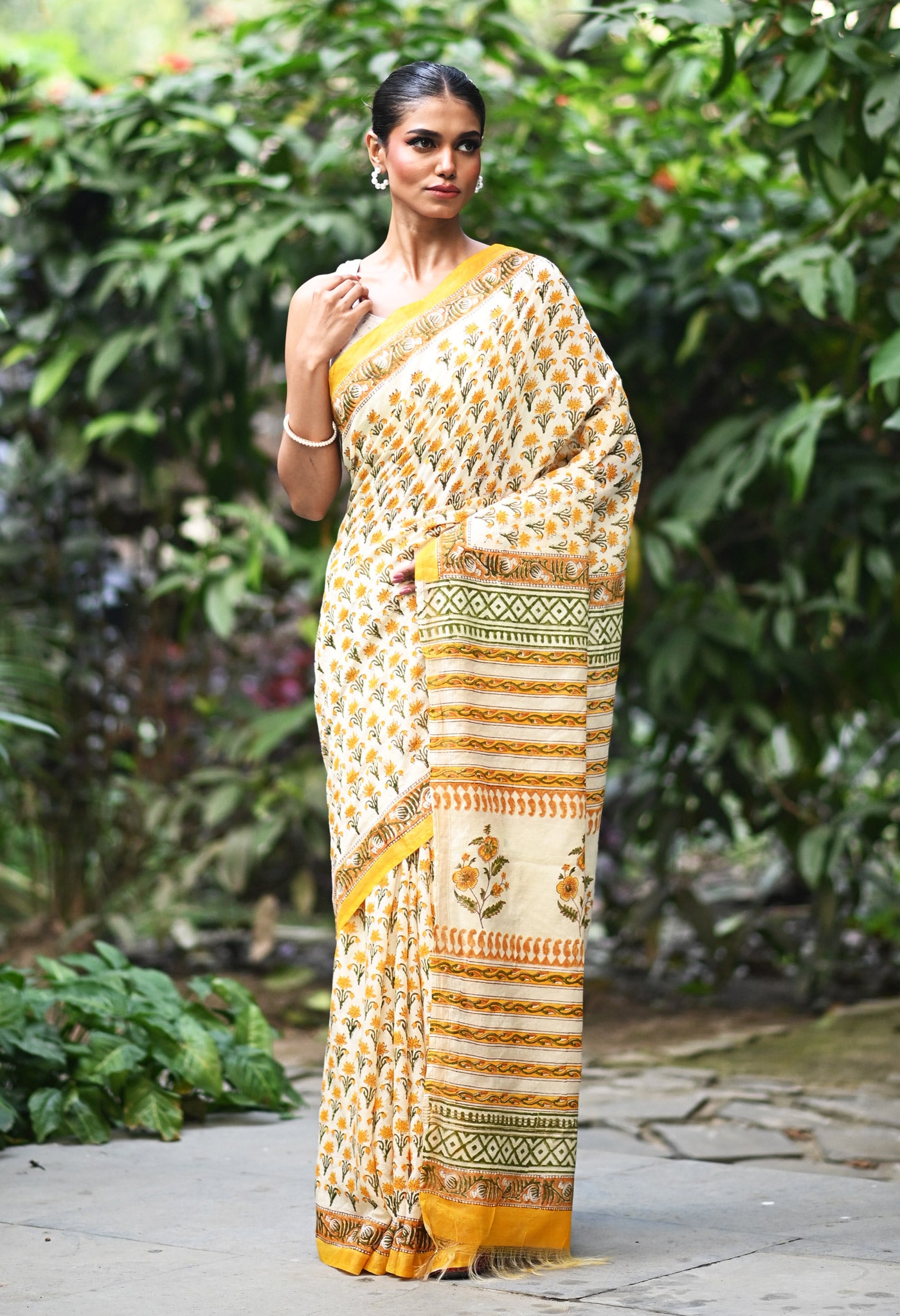 Ivory-Yellow Pure Hand Block Printed Pashmina Sico Saree-UNM81628