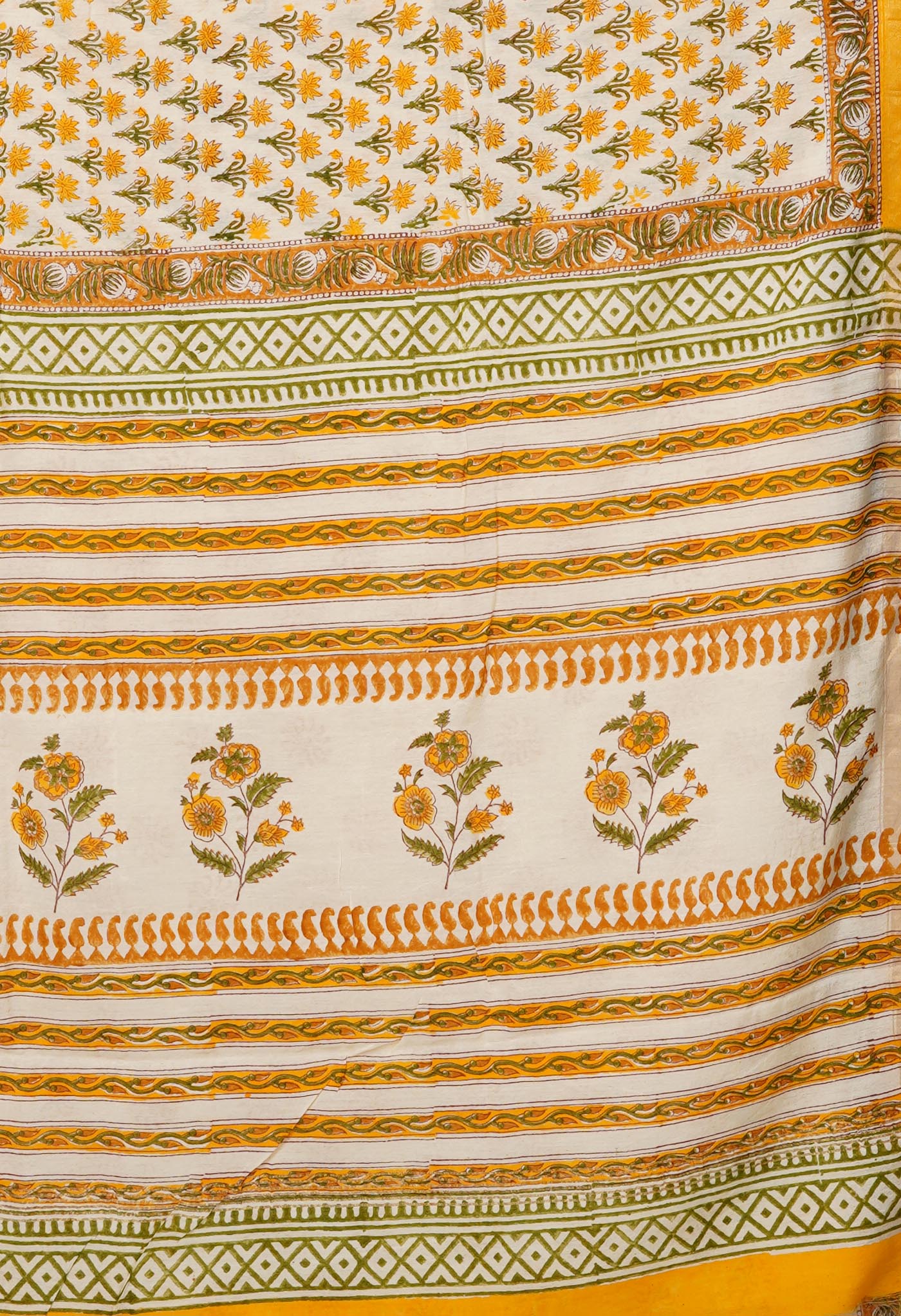 Ivory-Yellow Pure Hand Block Printed Pashmina Sico Saree-UNM81628