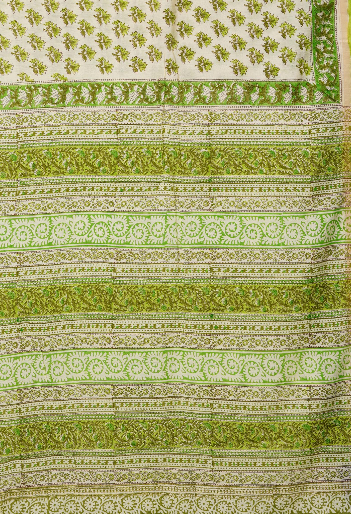 Ivory-Green Pure Hand Block Printed Pashmina Sico Saree-UNM81629