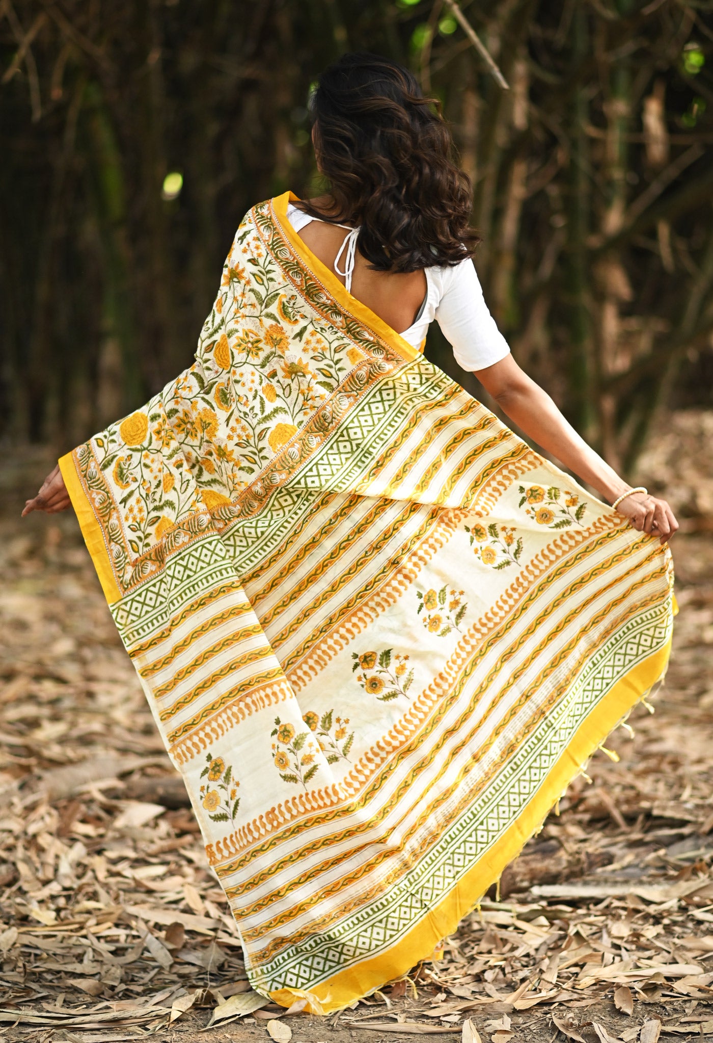 Ivory-Yellow Pure Hand Block Printed Pashmina Sico Saree-UNM81630