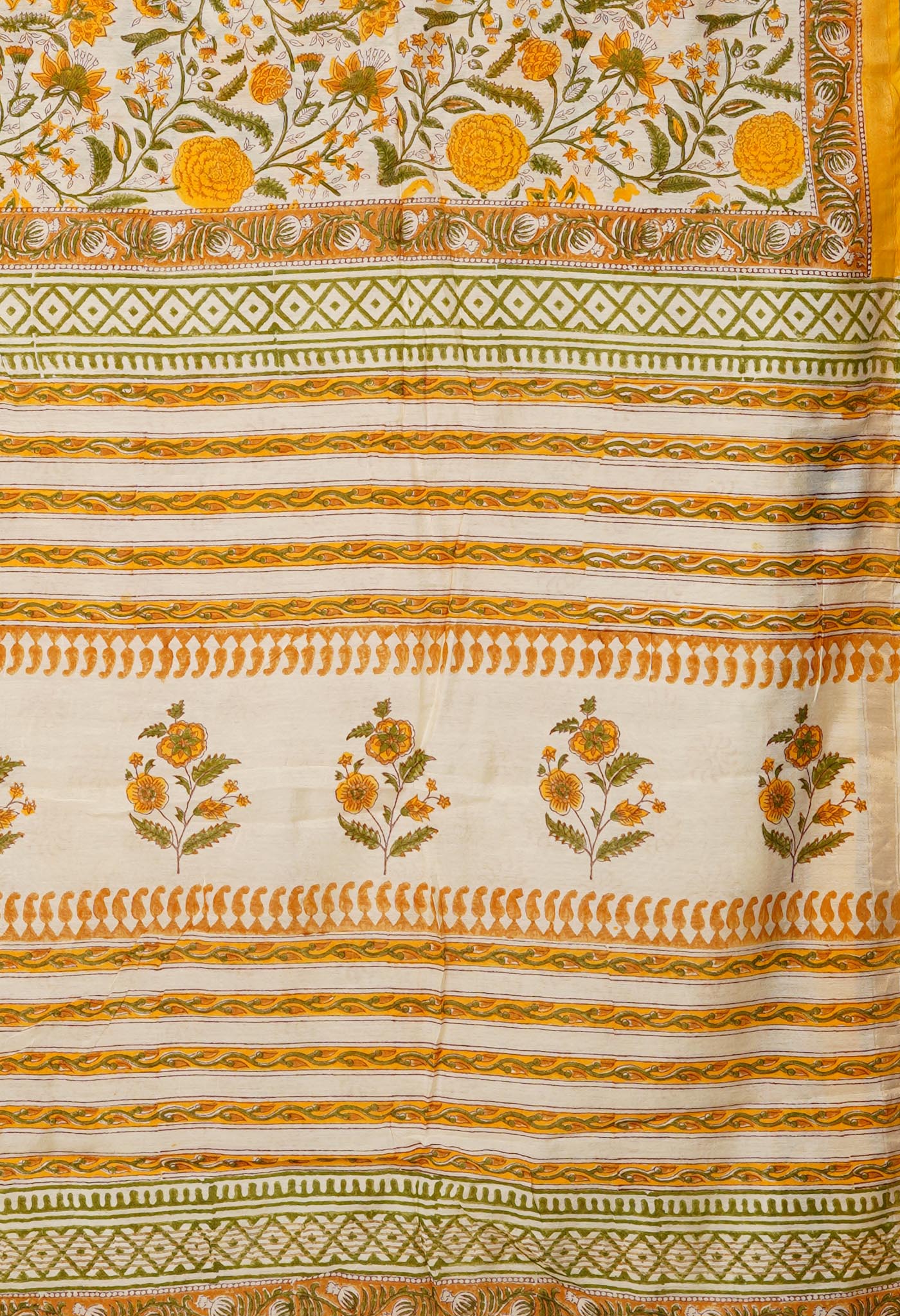 Ivory-Yellow Pure Hand Block Printed Pashmina Sico Saree-UNM81630