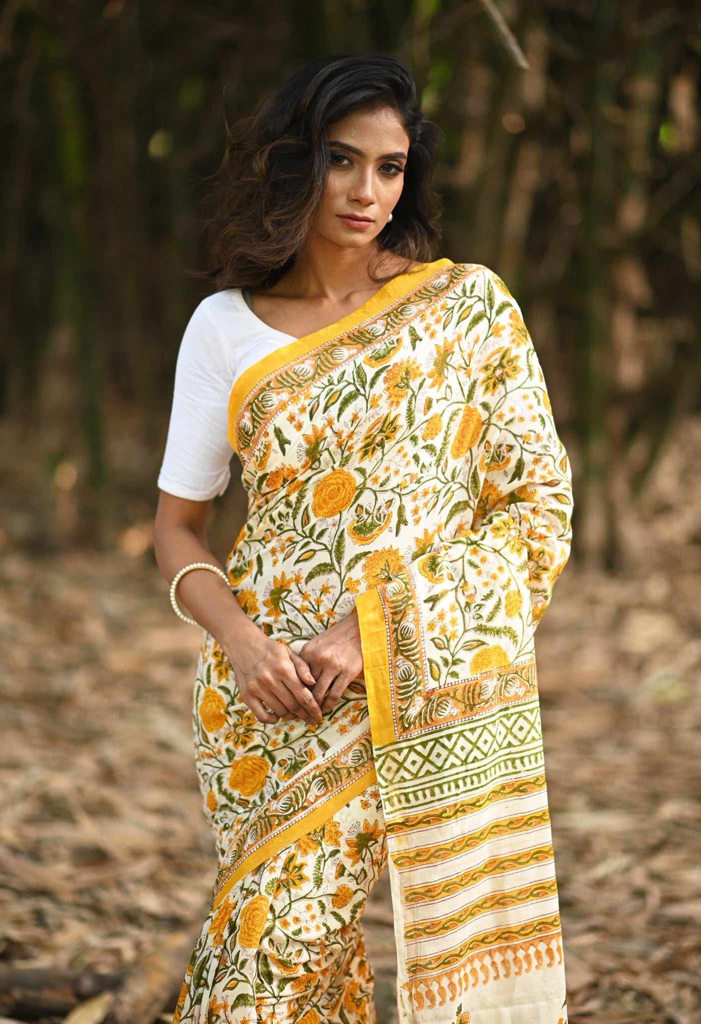 Ivory-Yellow Pure Hand Block Printed Pashmina Sico Saree-UNM81630