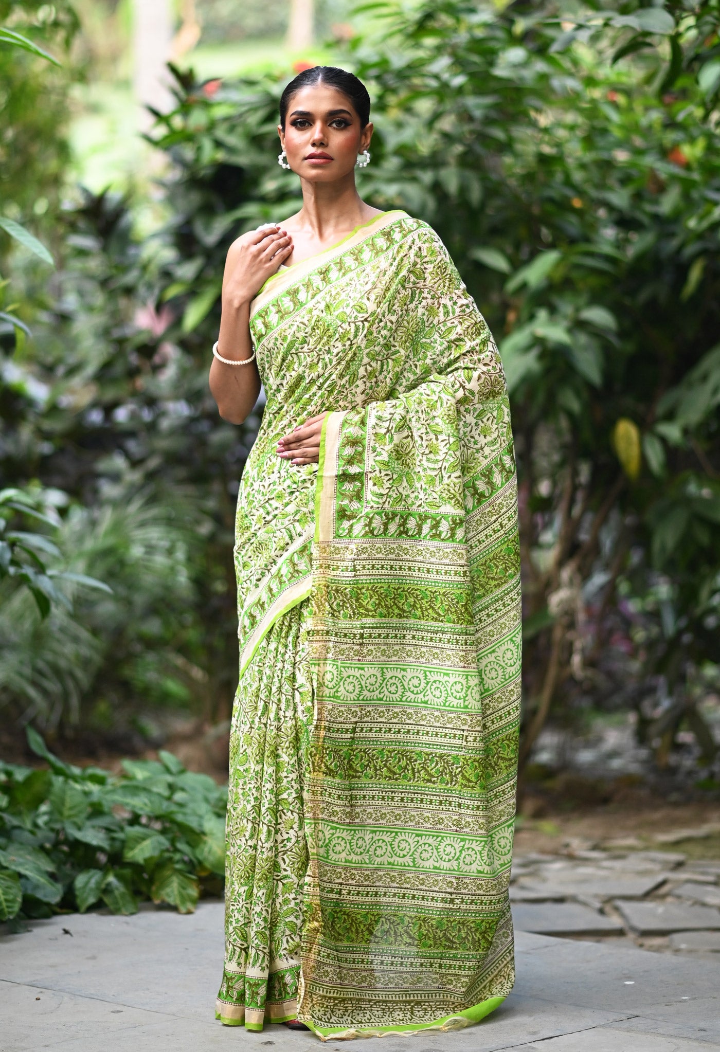 Ivory-Green Pure Hand Block Printed Pashmina Sico Saree-UNM81631