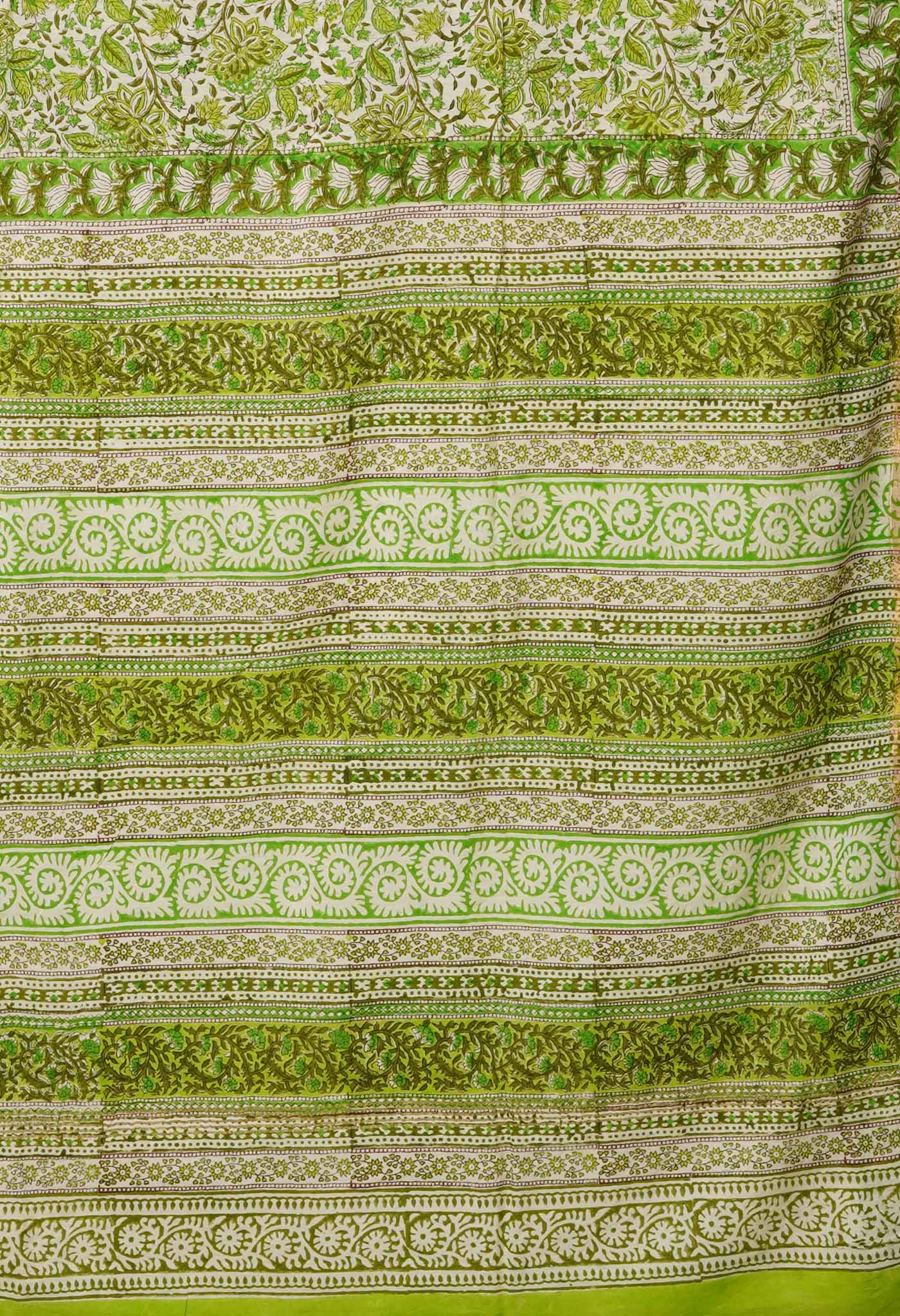 Ivory-Green Pure Hand Block Printed Pashmina Sico Saree-UNM81631