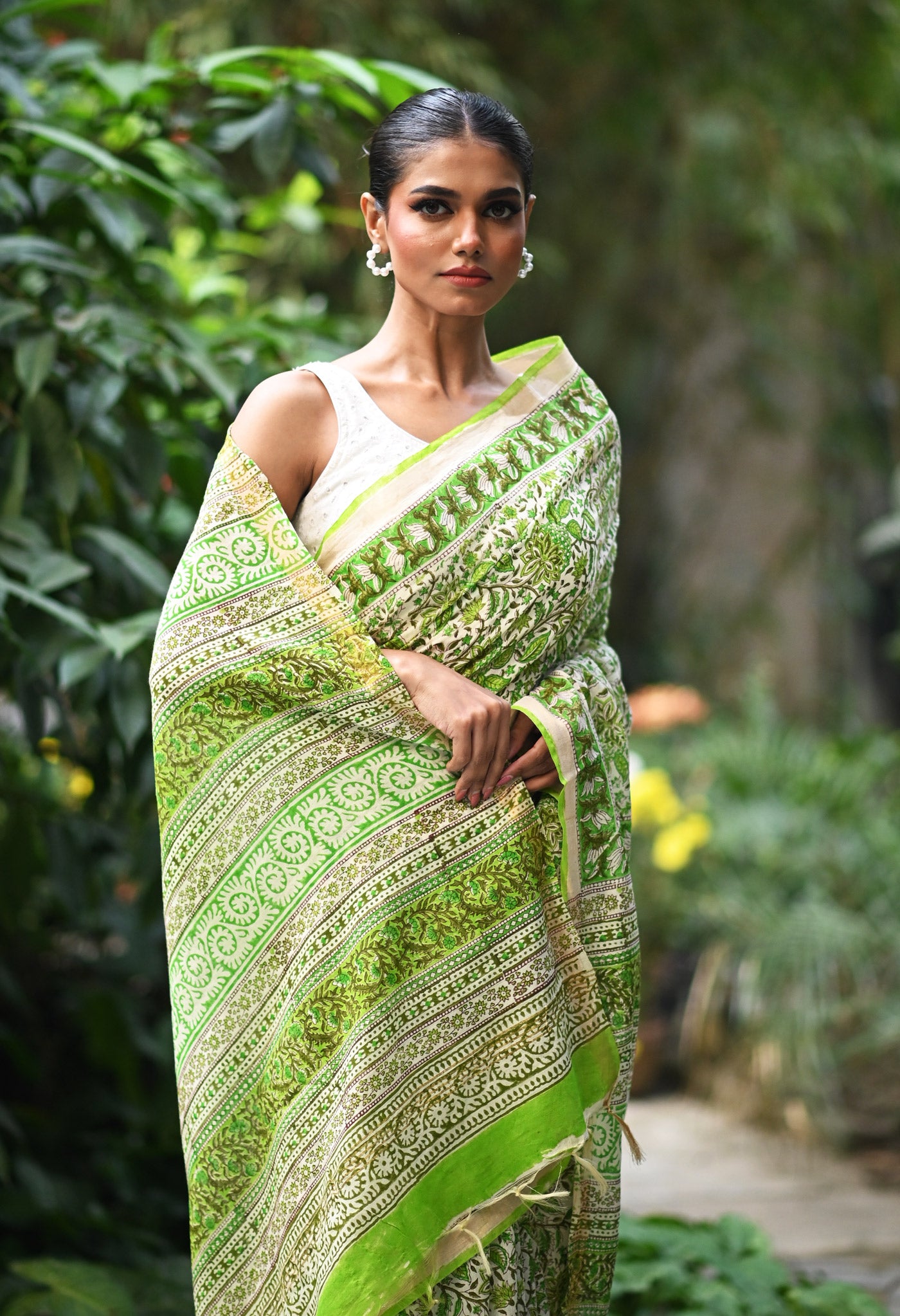 Ivory-Green Pure Hand Block Printed Pashmina Sico Saree-UNM81631