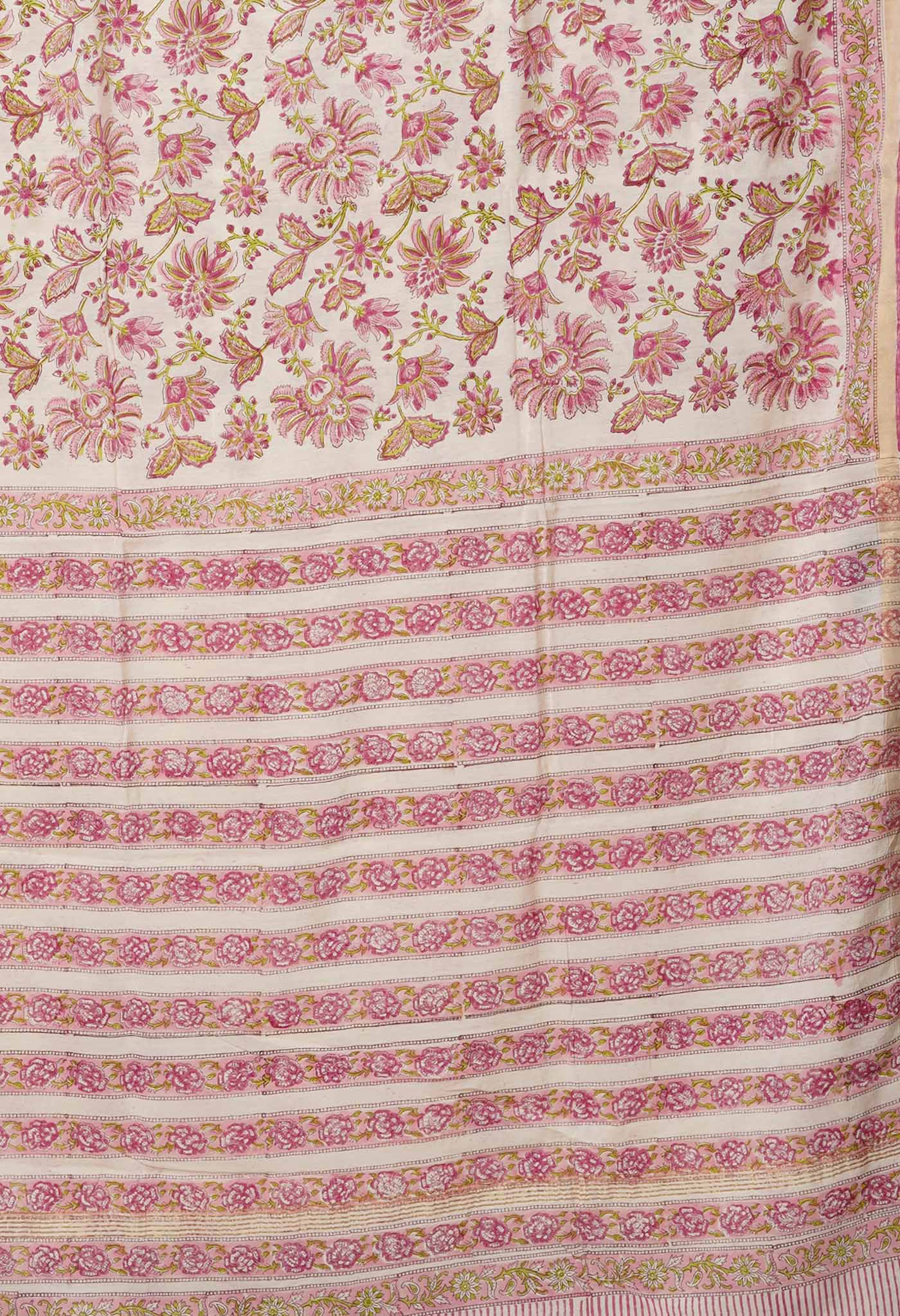 Ivory-Pink Pure Hand Block Printed Pashmina Sico Saree-UNM81632