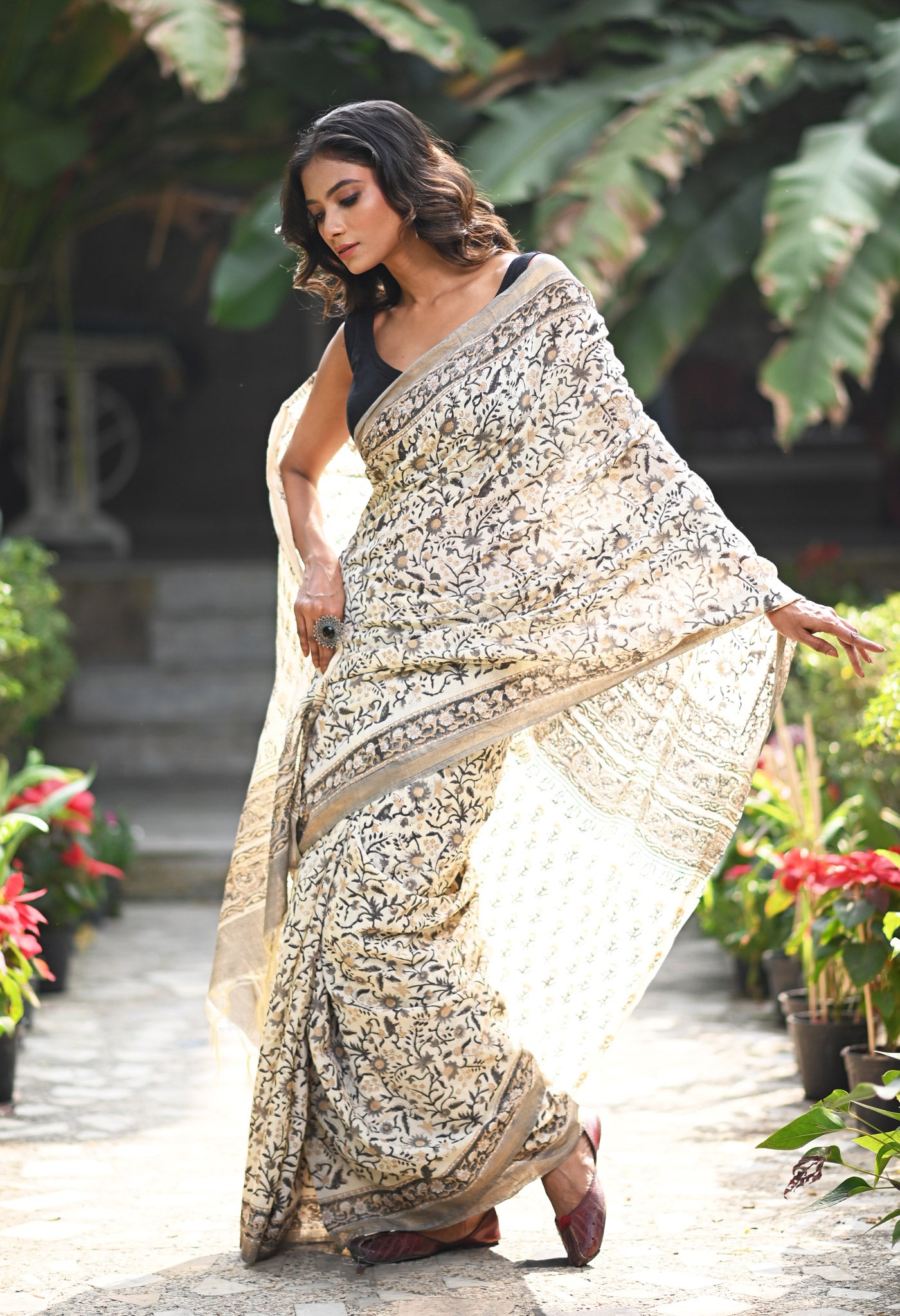 Ivory-Black Pure Gold Embossed Hand Block Printed Pashmina Sico Saree-UNM81633