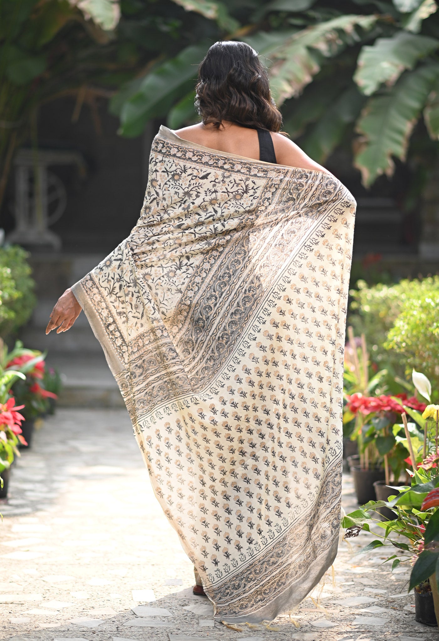 Ivory-Black Pure Gold Embossed Hand Block Printed Pashmina Sico Saree-UNM81633