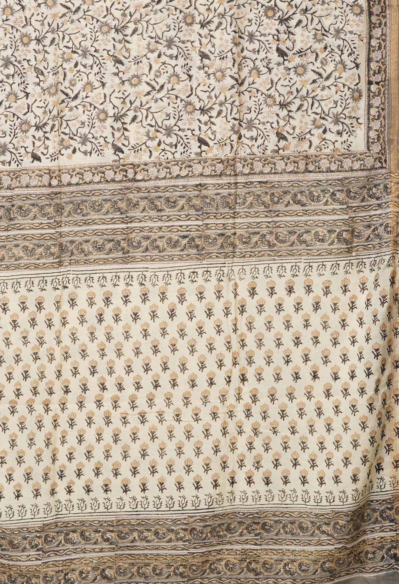 Ivory-Black Pure Gold Embossed Hand Block Printed Pashmina Sico Saree-UNM81633