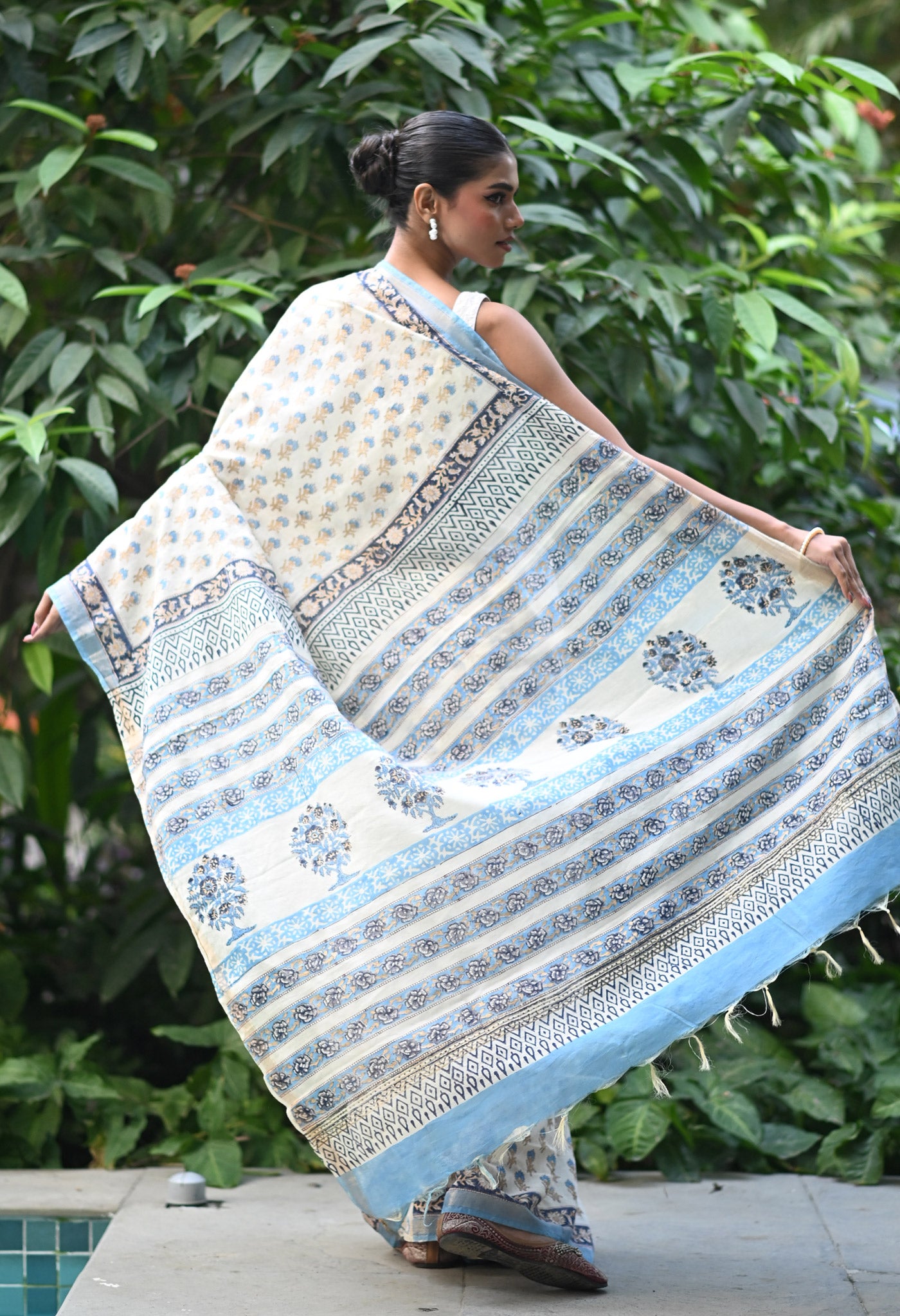 Ivory-Blue Pure Gold Embossed Hand Block Printed Pashmina Sico Saree-UNM81634