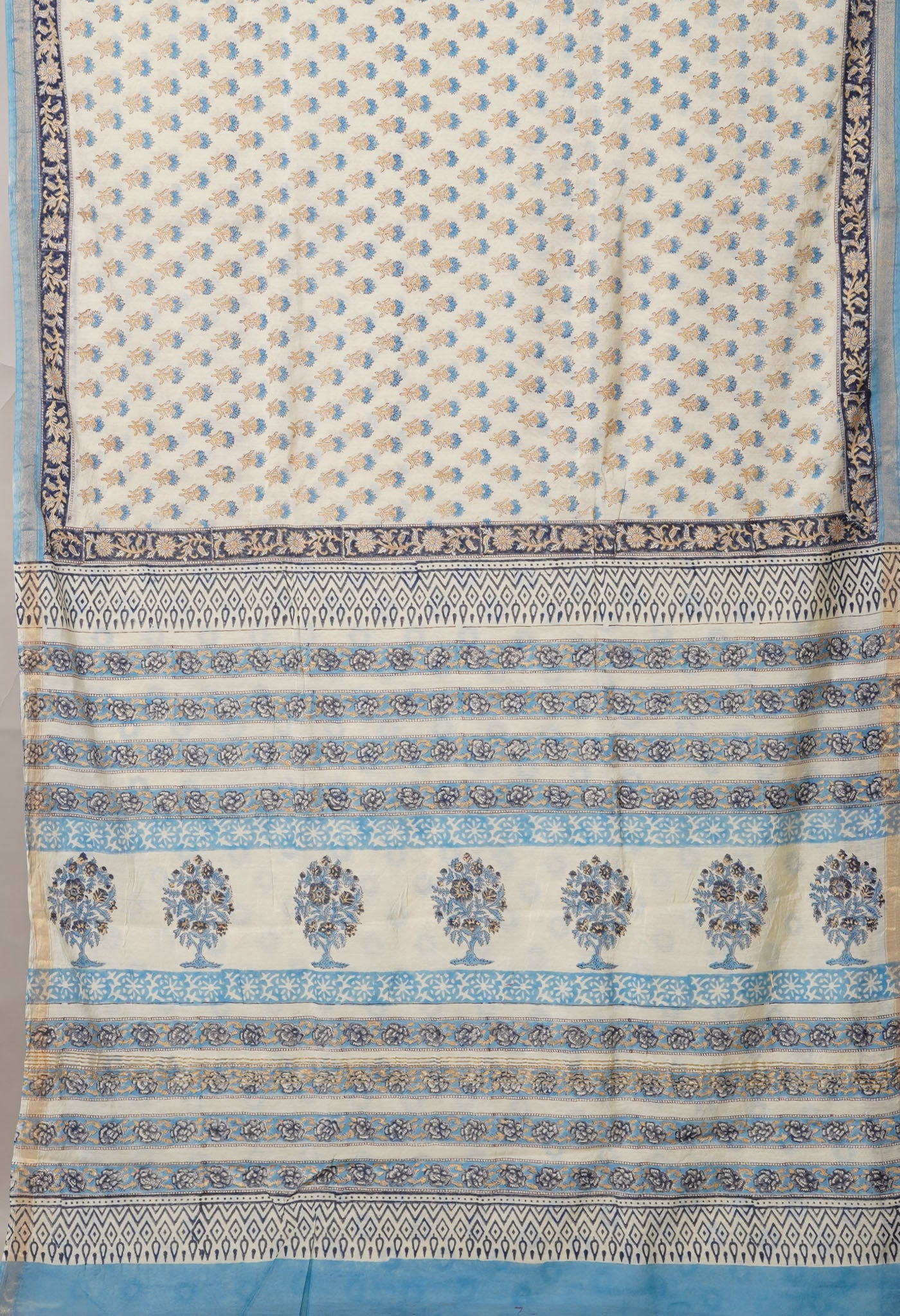 Ivory-Blue Pure Gold Embossed Hand Block Printed Pashmina Sico Saree-UNM81634