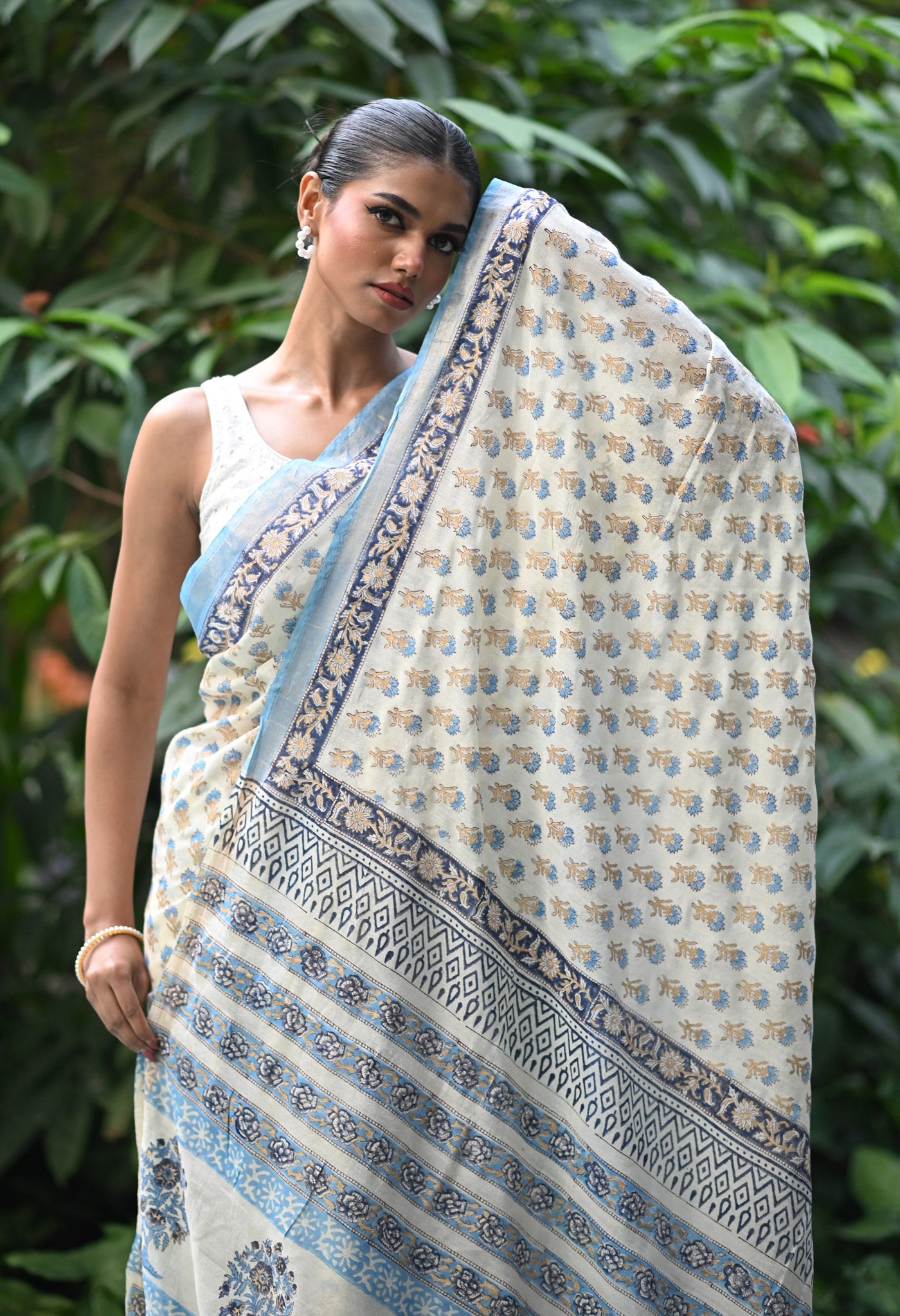 Ivory-Blue Pure Gold Embossed Hand Block Printed Pashmina Sico Saree-UNM81634