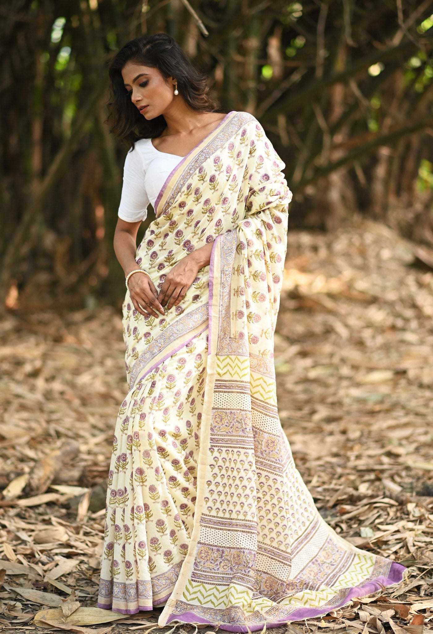 Ivory-Lavender Pure Gold Embossed Hand Block Printed Pashmina Sico Saree-UNM81635