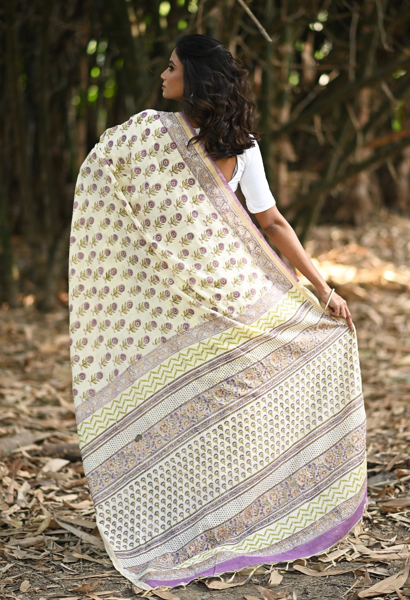 Ivory-Lavender Pure Gold Embossed Hand Block Printed Pashmina Sico Saree-UNM81635