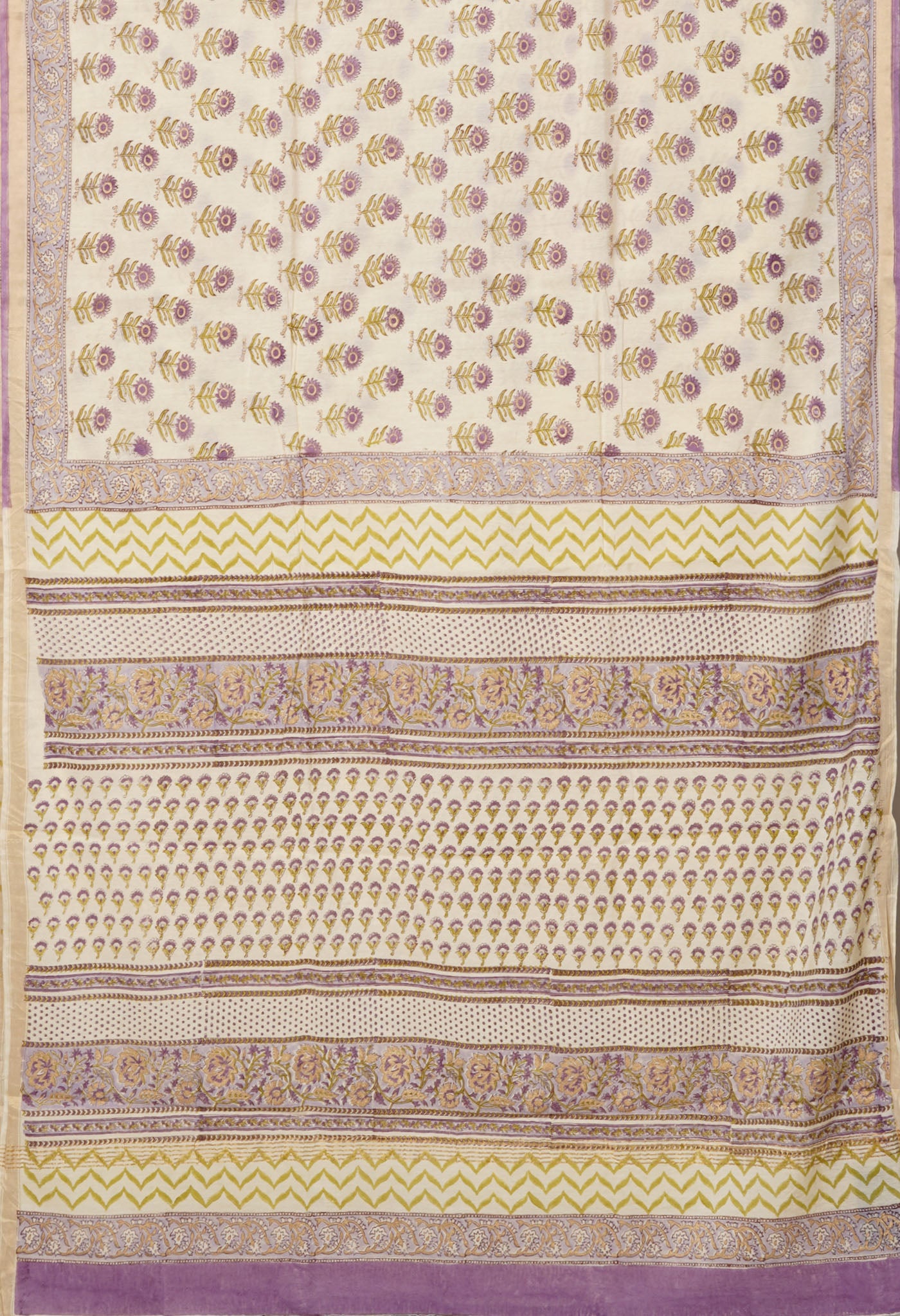 Ivory-Lavender Pure Gold Embossed Hand Block Printed Pashmina Sico Saree-UNM81635