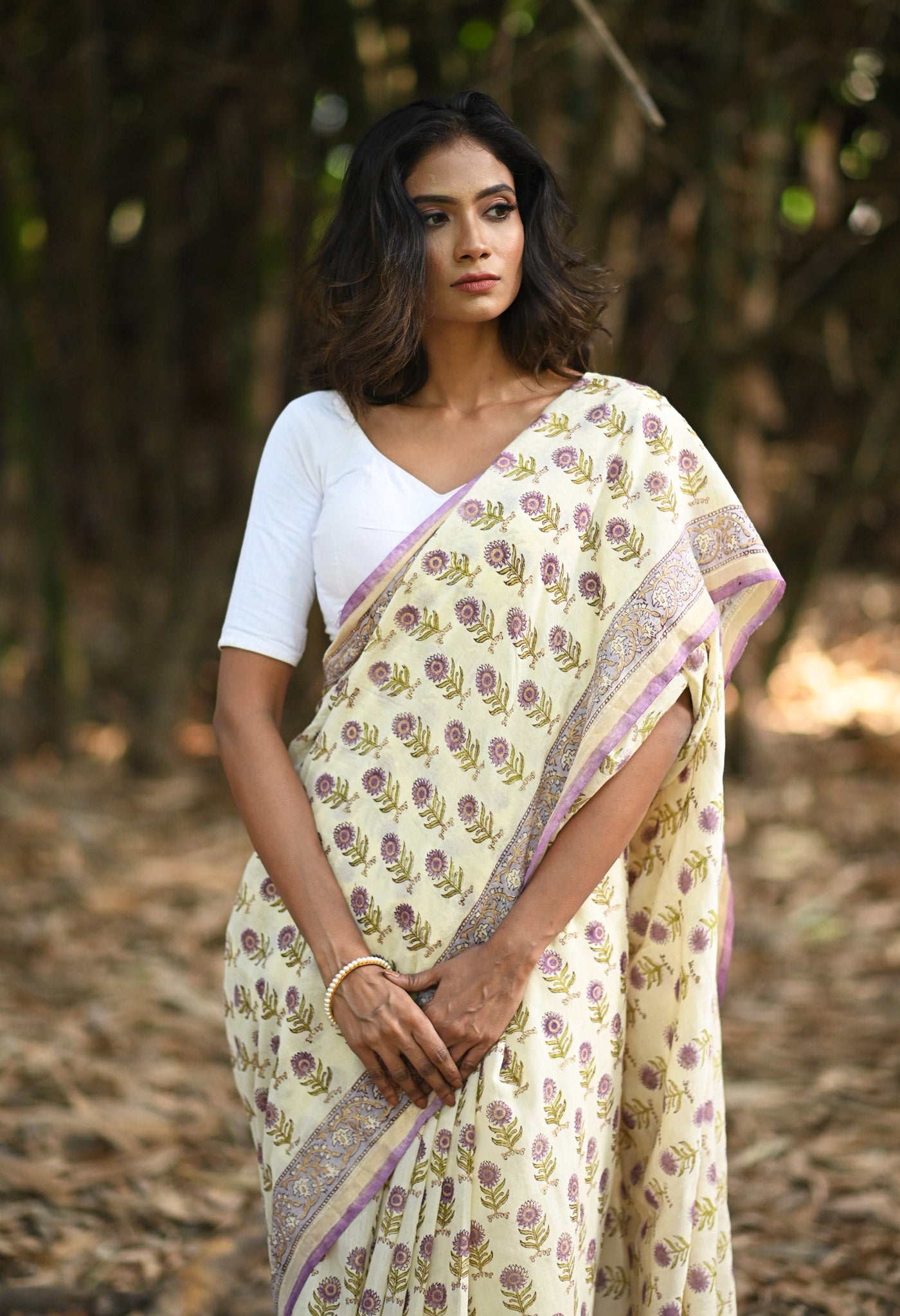 Ivory-Lavender Pure Gold Embossed Hand Block Printed Pashmina Sico Saree-UNM81635