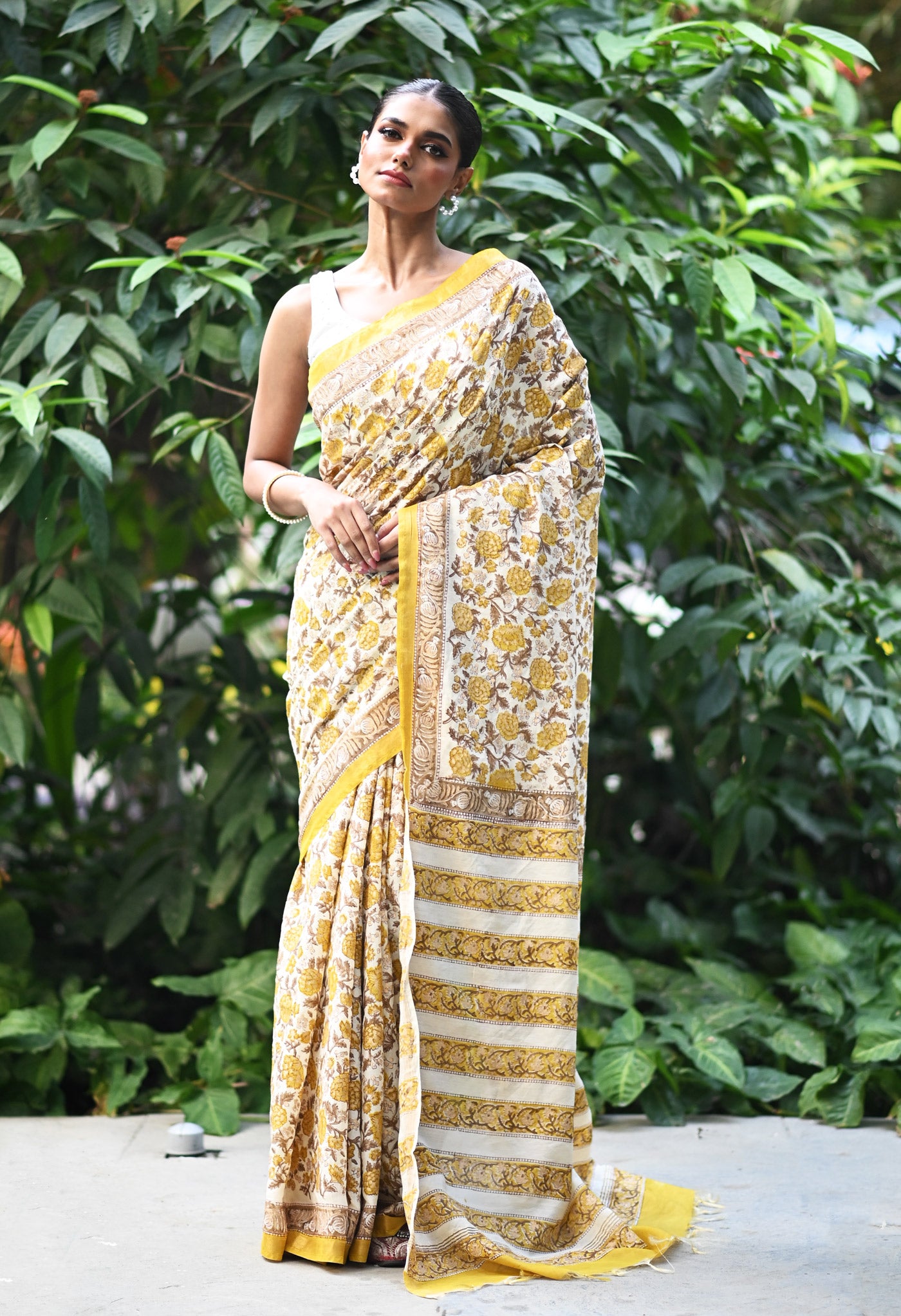 Ivory-Yellow Pure Gold Embossed Hand Block Printed Pashmina Sico Saree-UNM81636