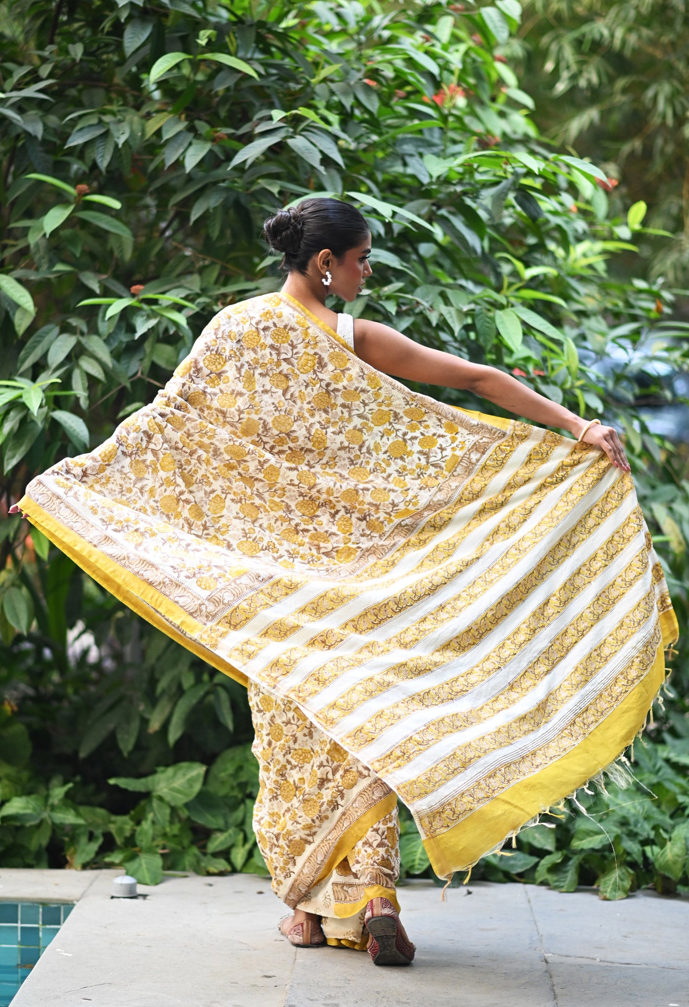 Ivory-Yellow Pure Gold Embossed Hand Block Printed Pashmina Sico Saree-UNM81636