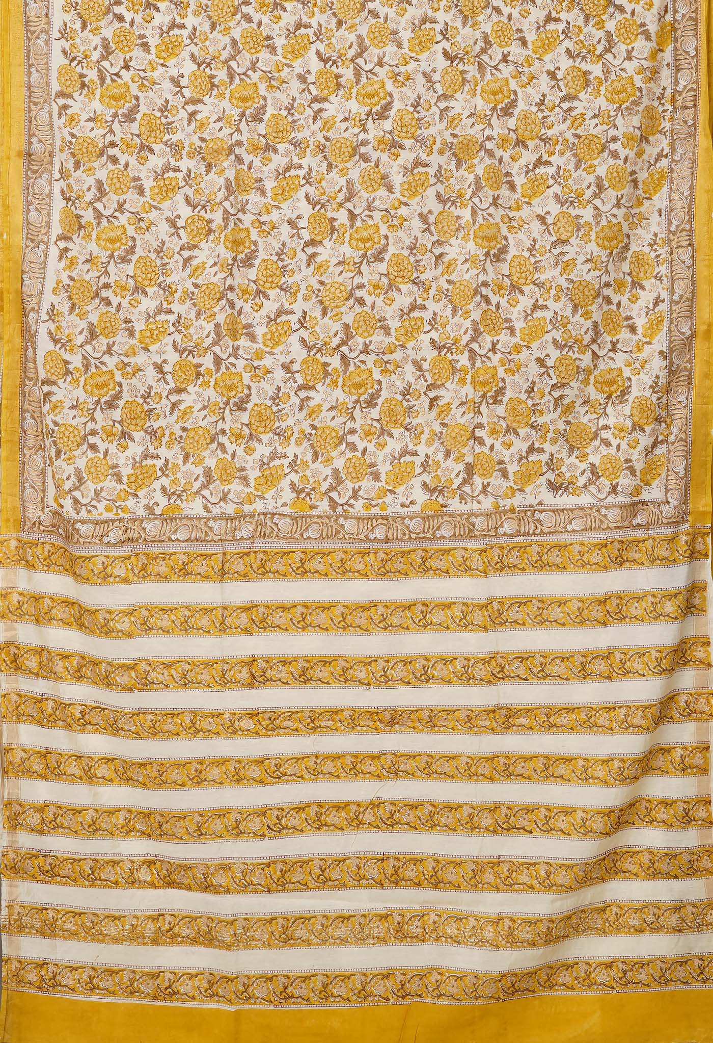 Ivory-Yellow Pure Gold Embossed Hand Block Printed Pashmina Sico Saree-UNM81636