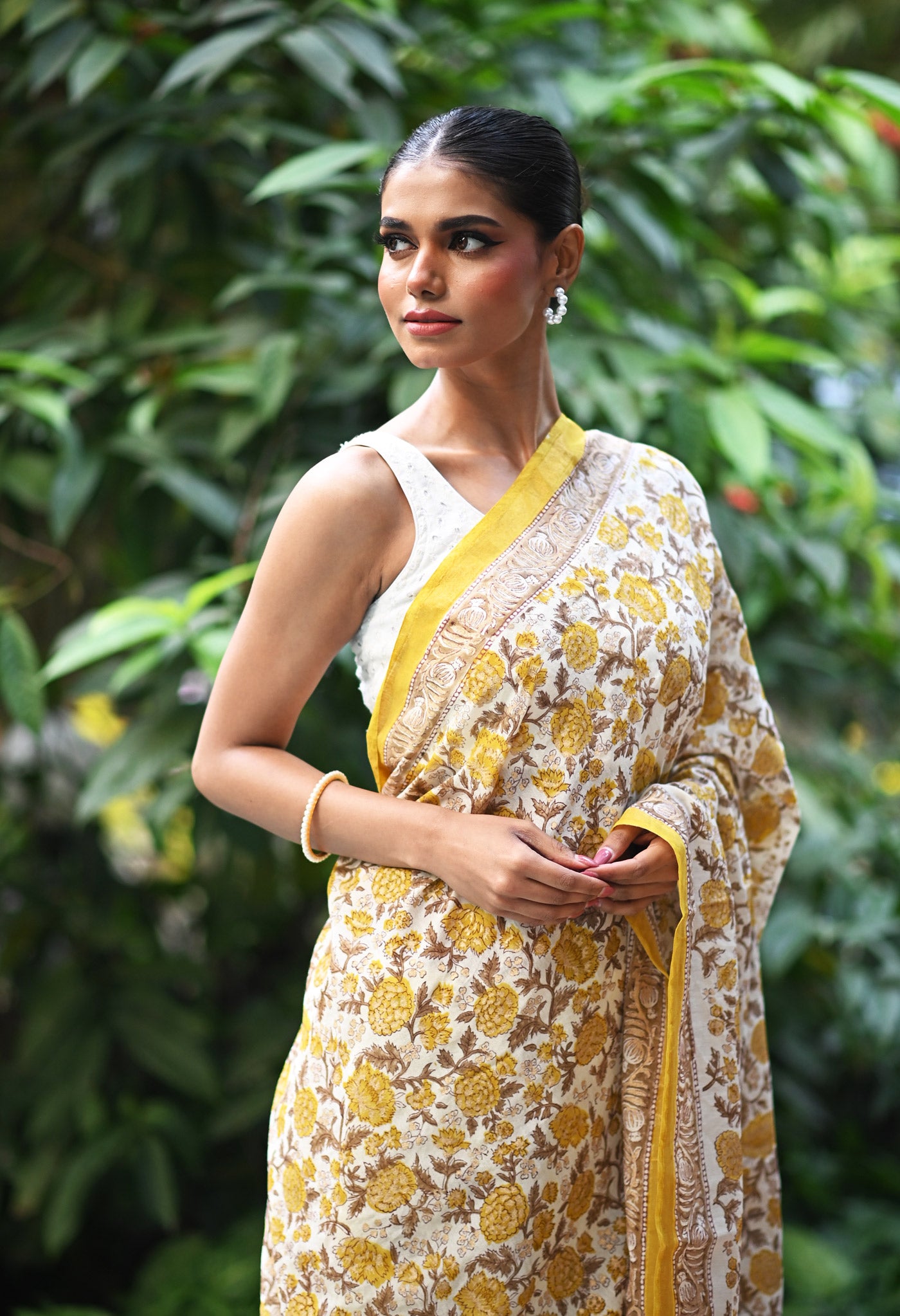 Ivory-Yellow Pure Gold Embossed Hand Block Printed Pashmina Sico Saree-UNM81636