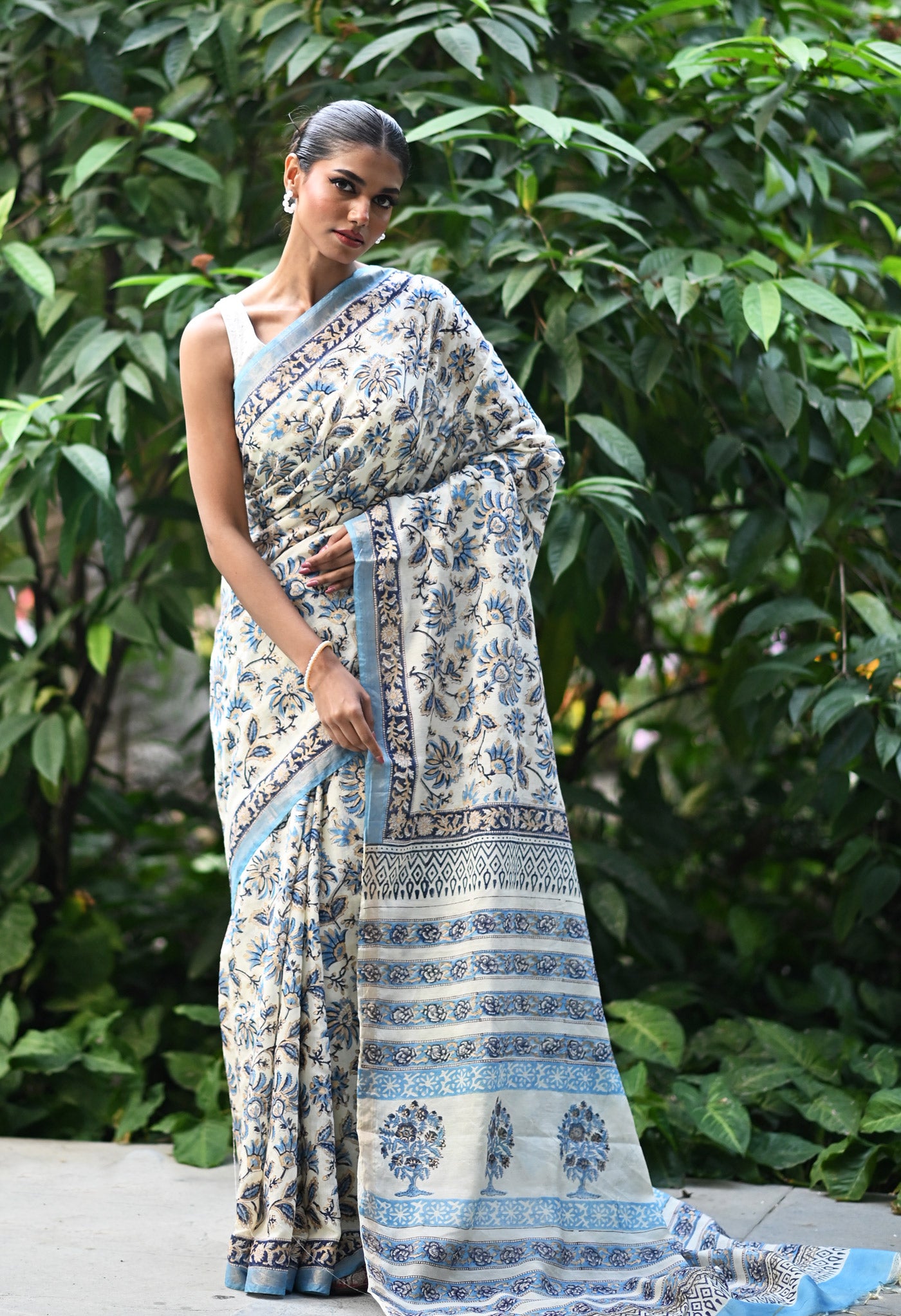 Ivory-Blue Pure Gold Embossed Hand Block Printed Pashmina Sico Saree-UNM81637