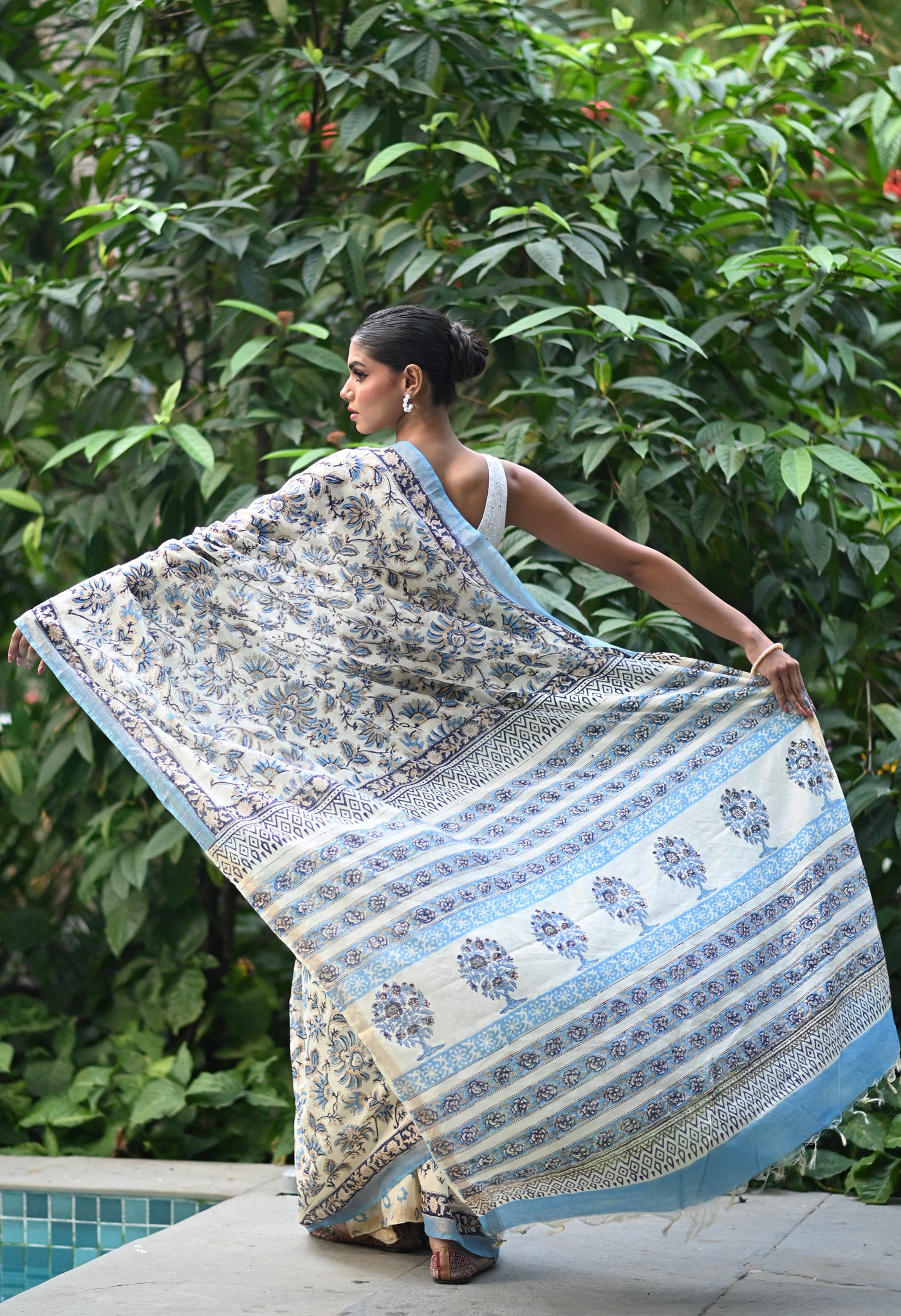 Ivory-Blue Pure Gold Embossed Hand Block Printed Pashmina Sico Saree-UNM81637