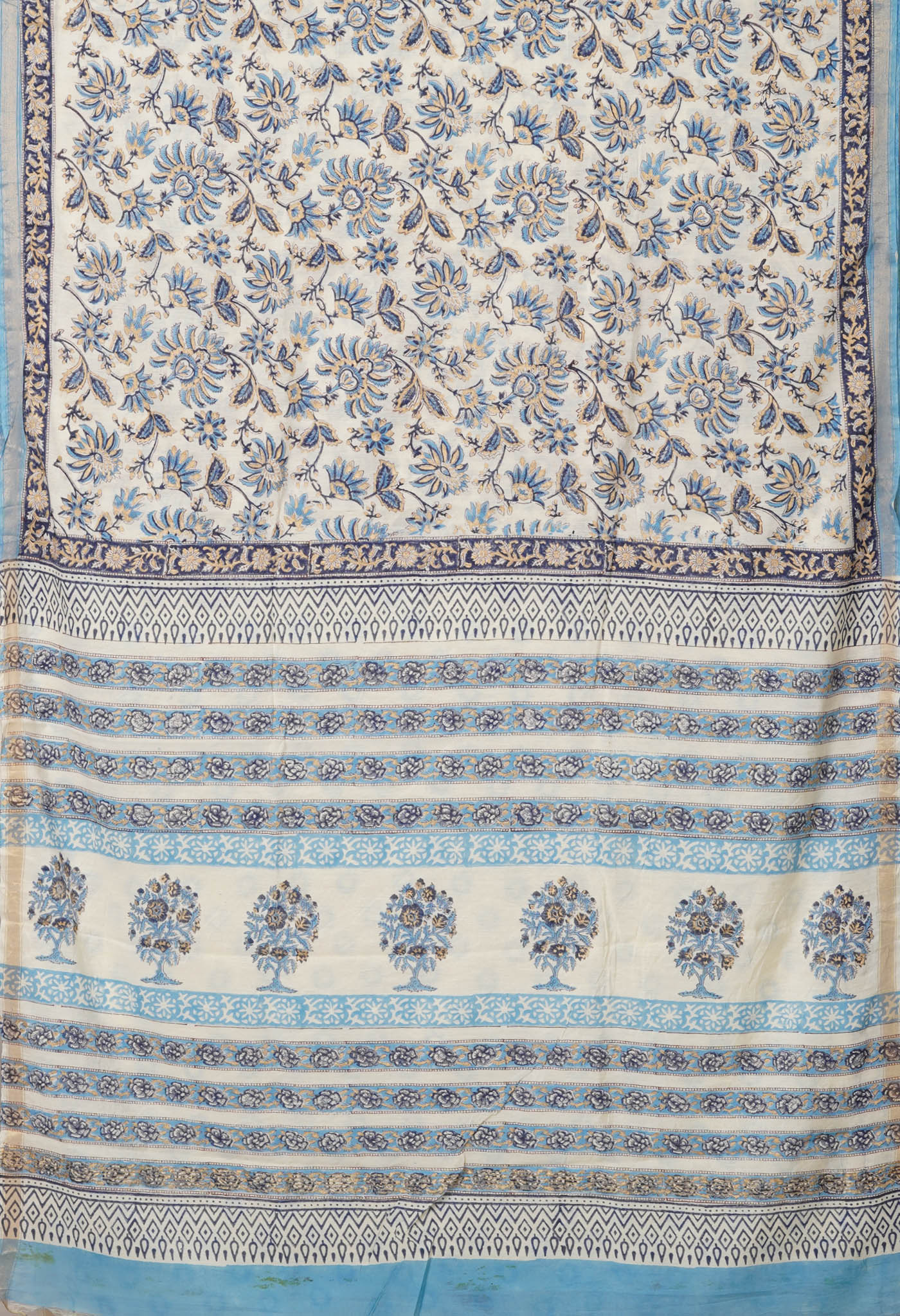 Ivory-Blue Pure Gold Embossed Hand Block Printed Pashmina Sico Saree-UNM81637