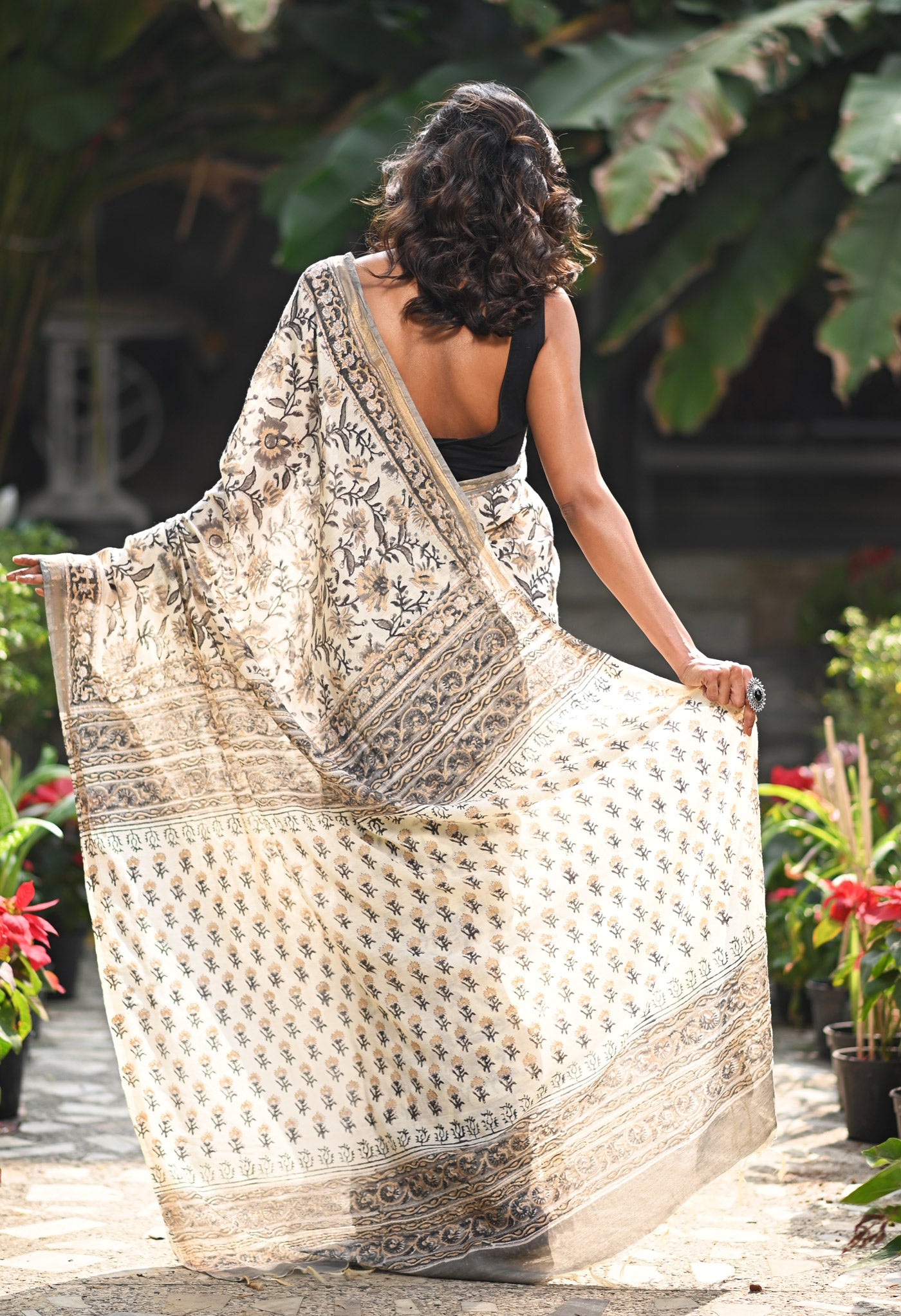 Ivory-Black Pure Gold Embossed Hand Block Printed Pashmina Sico Saree-UNM81638