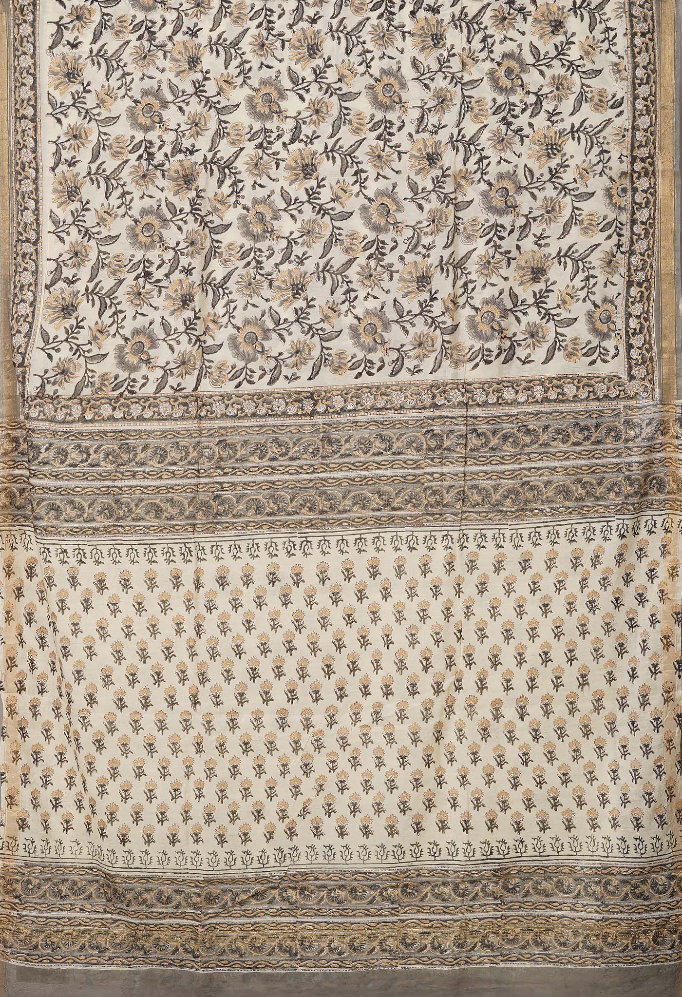 Ivory-Black Pure Gold Embossed Hand Block Printed Pashmina Sico Saree-UNM81638