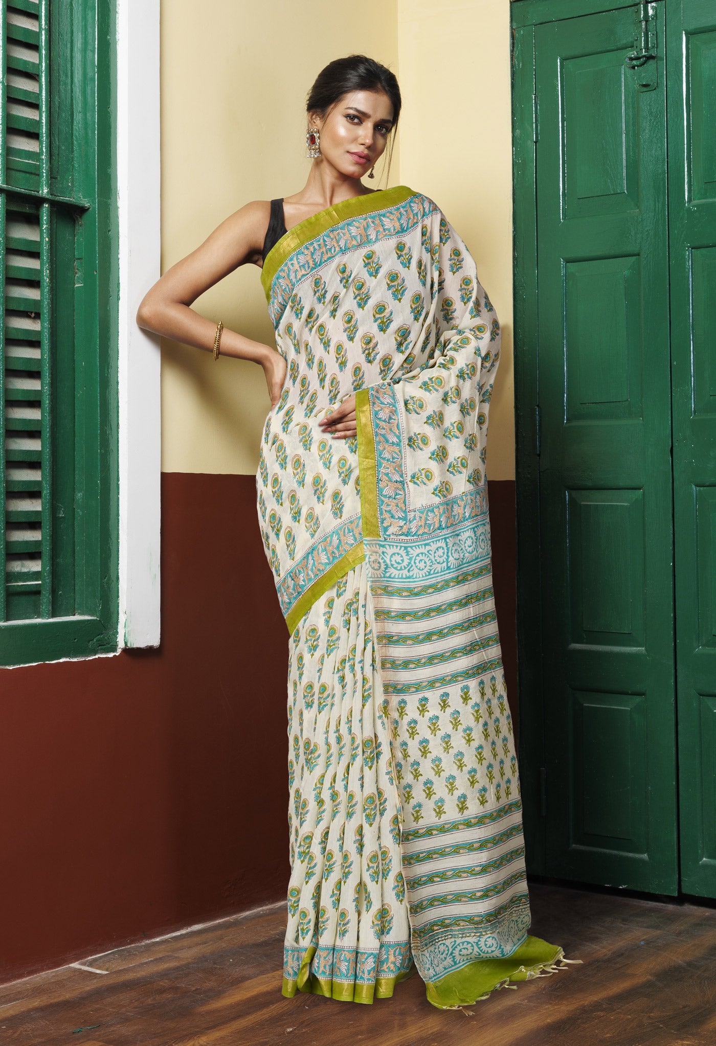 Ivory-Blue Pure Gold Embossed Hand Block Printed Pashmina Sico Saree-UNM81639