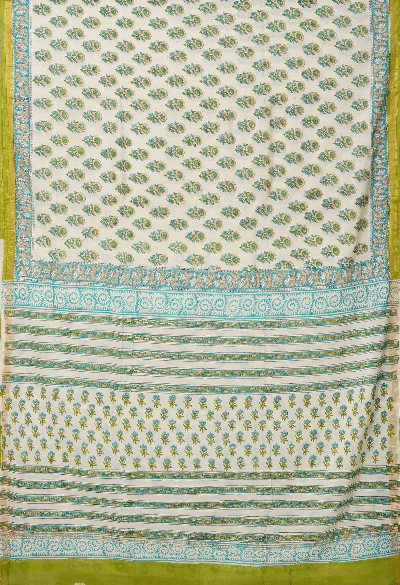 Ivory-Blue Pure Gold Embossed Hand Block Printed Pashmina Sico Saree-UNM81639