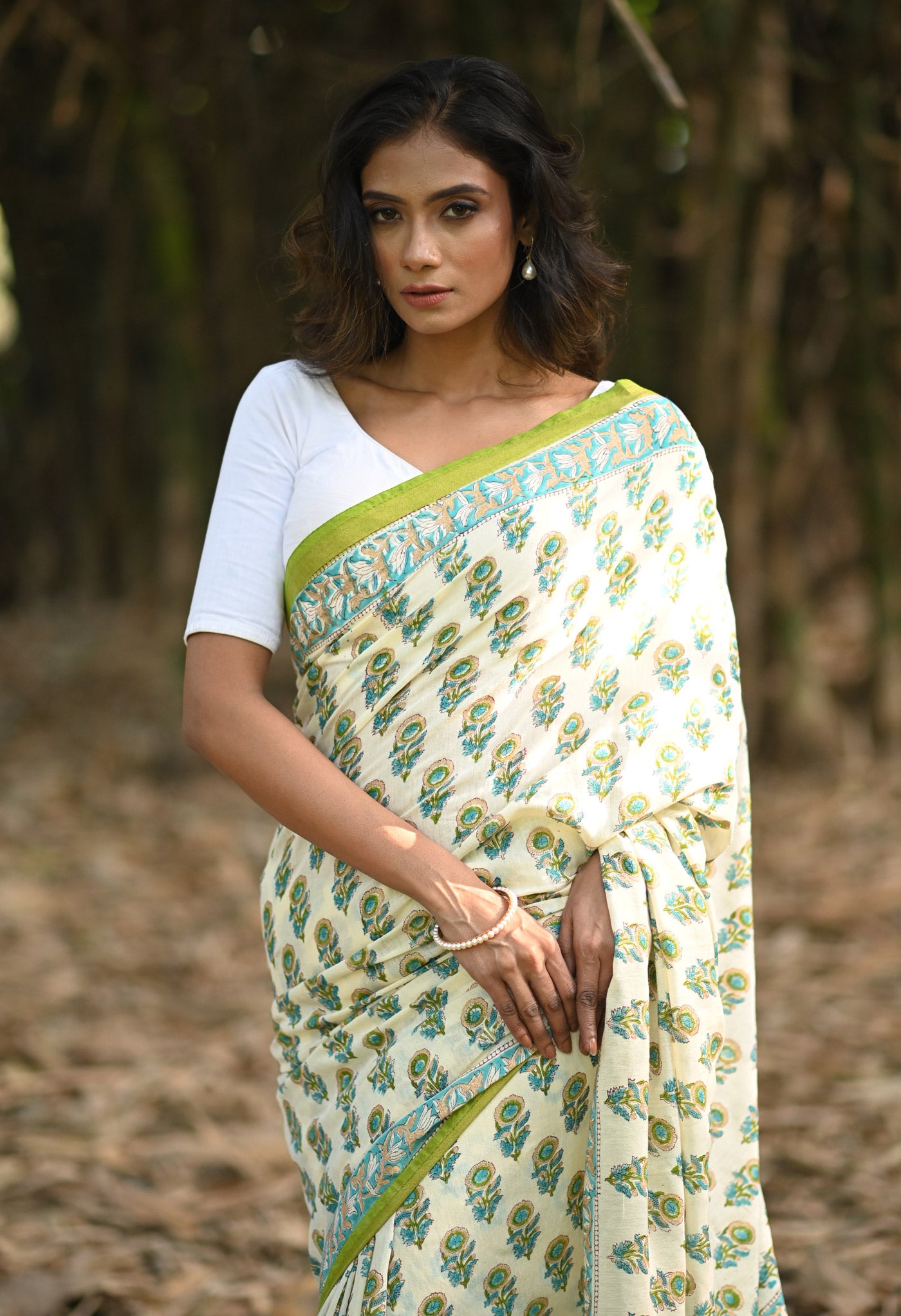 Ivory-Blue Pure Gold Embossed Hand Block Printed Pashmina Sico Saree-UNM81639