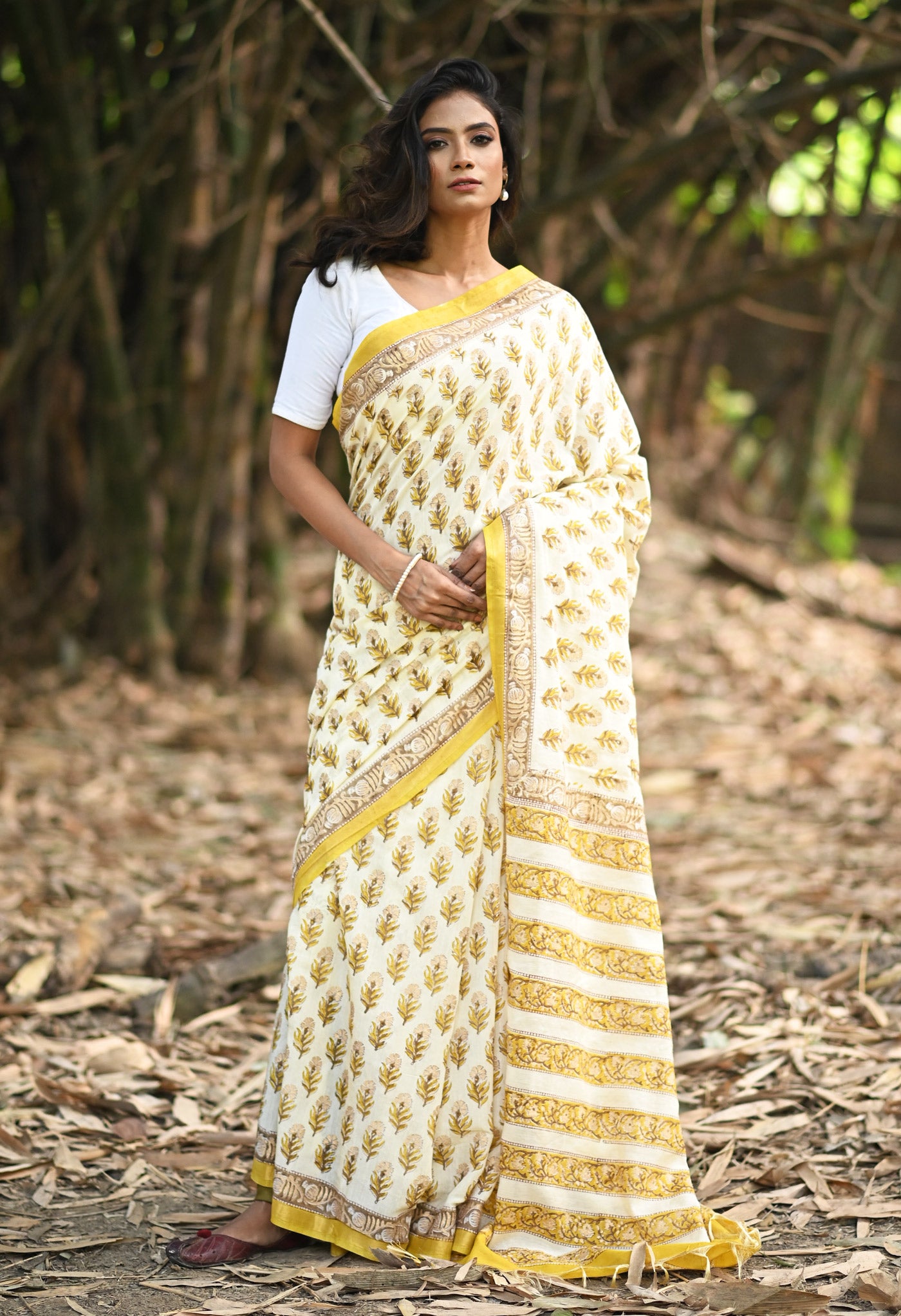 Ivory-Yellow Pure Gold Embossed Hand Block Printed Pashmina Sico Saree-UNM81640