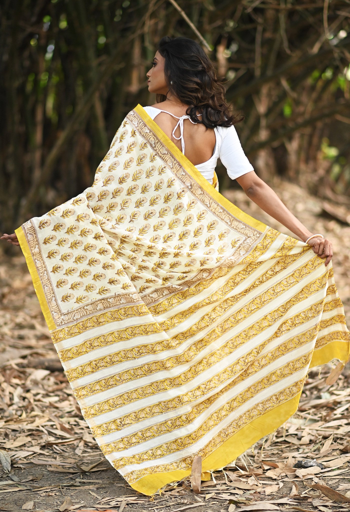 Ivory-Yellow Pure Gold Embossed Hand Block Printed Pashmina Sico Saree-UNM81640