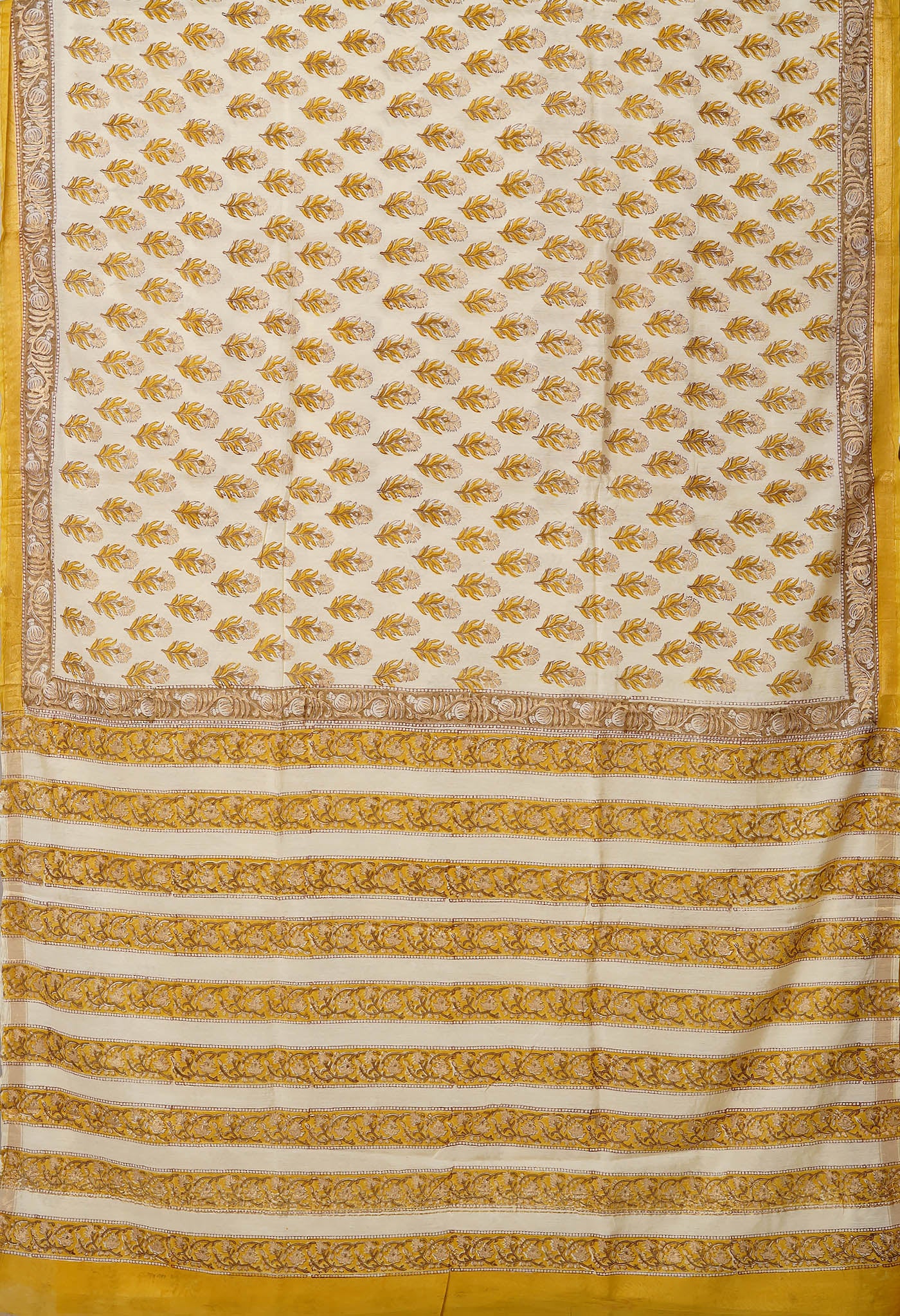 Ivory-Yellow Pure Gold Embossed Hand Block Printed Pashmina Sico Saree-UNM81640