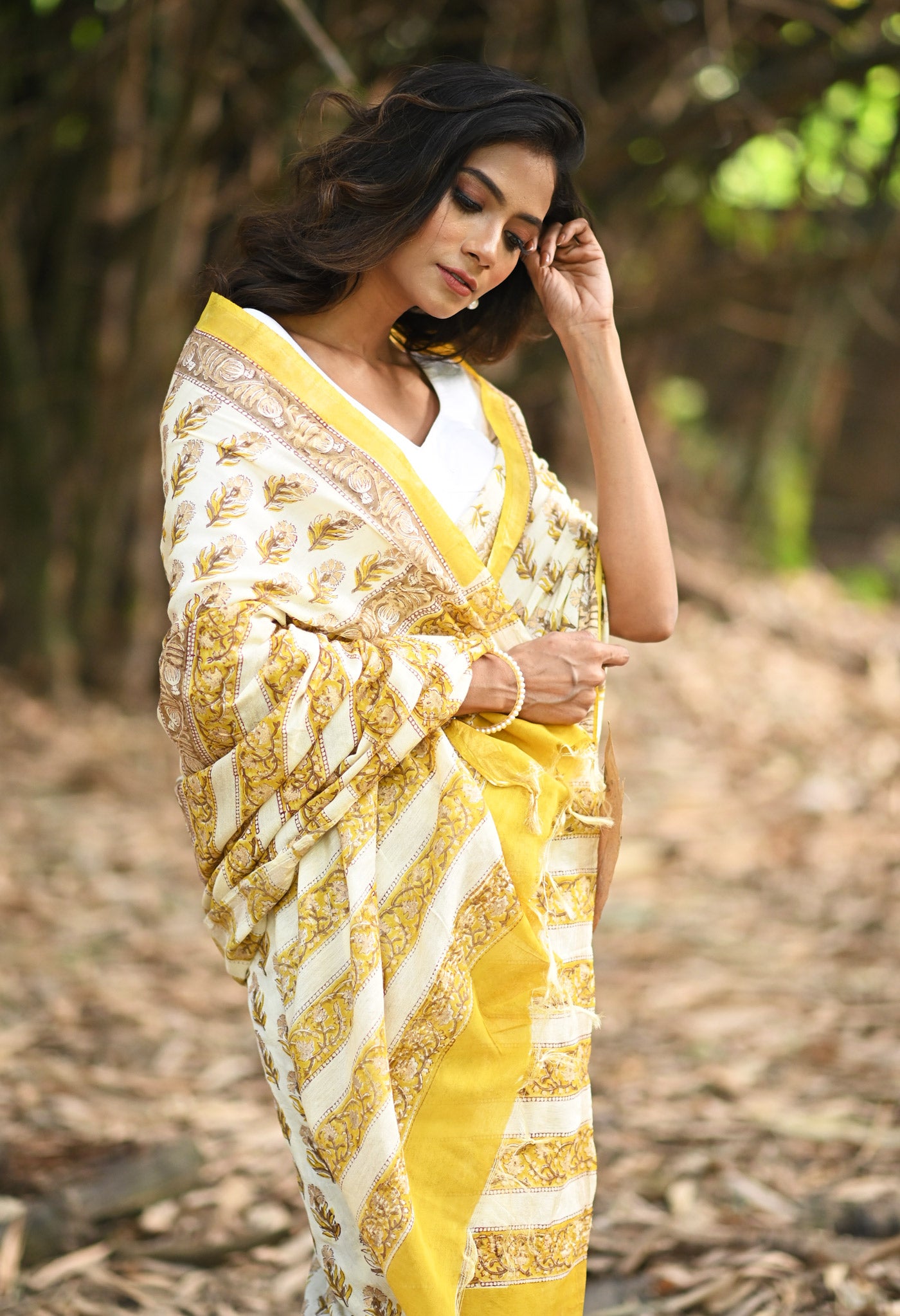 Ivory-Yellow Pure Gold Embossed Hand Block Printed Pashmina Sico Saree-UNM81640