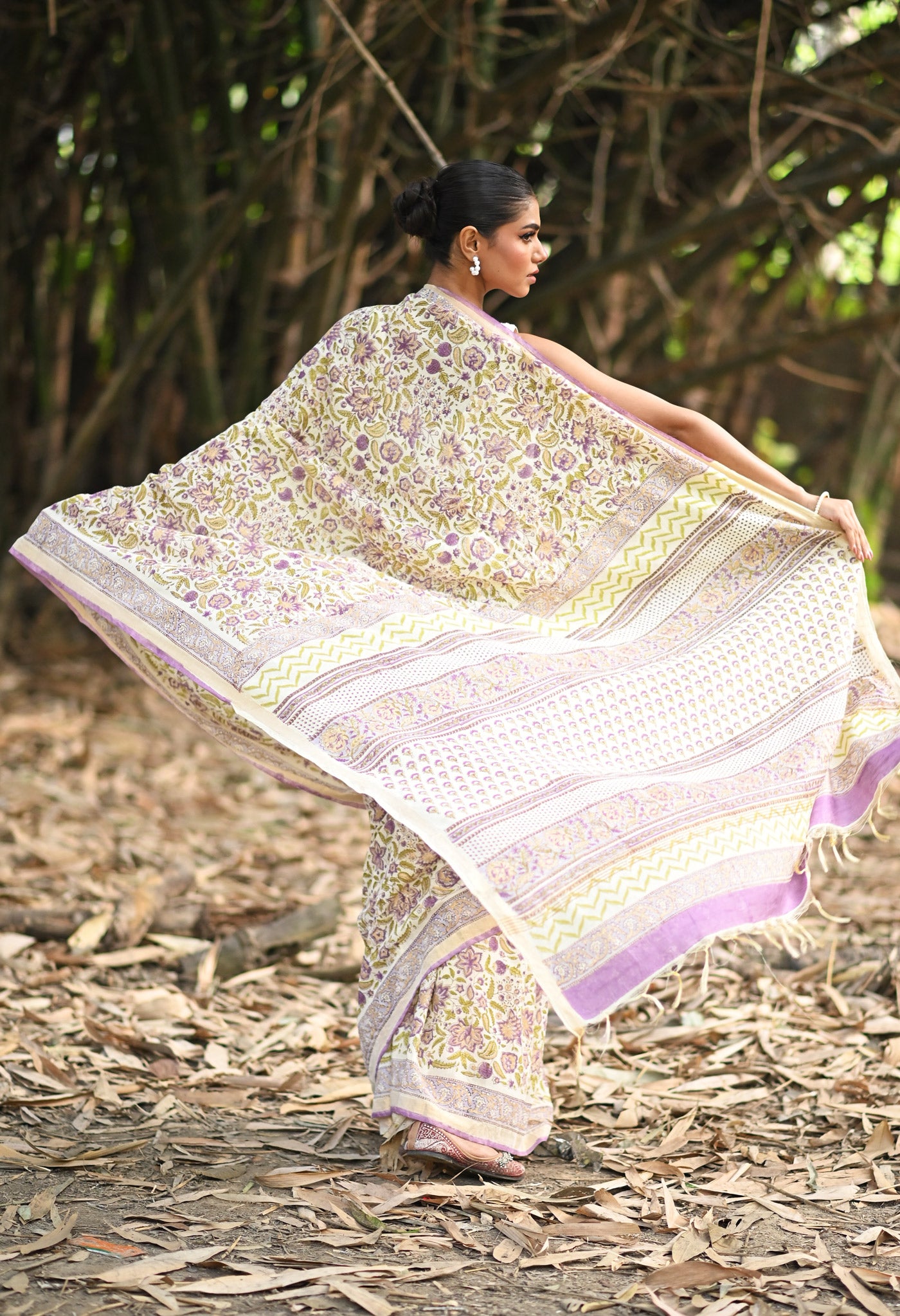 Ivory-Lavender Pure Gold Embossed Hand Block Printed Pashmina Sico Saree-UNM81641