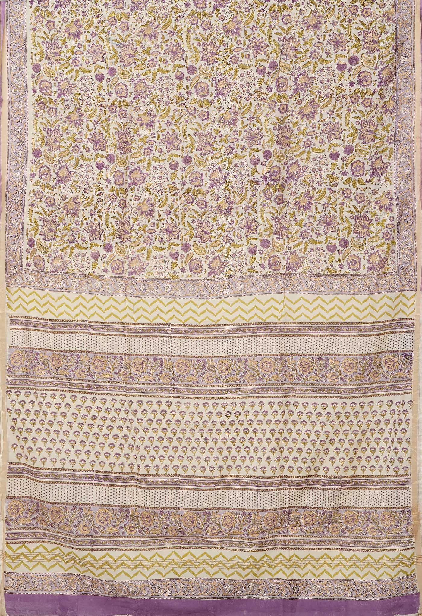 Ivory-Lavender Pure Gold Embossed Hand Block Printed Pashmina Sico Saree-UNM81641