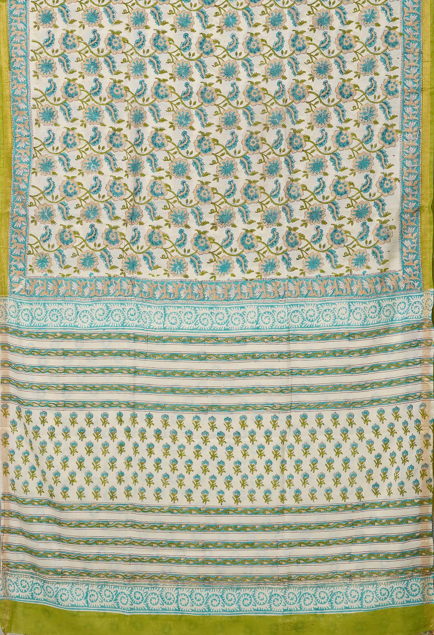 IvoryBlue Pure Gold Embossed Hand Block Printed Pashmina Sico Saree-UNM81642