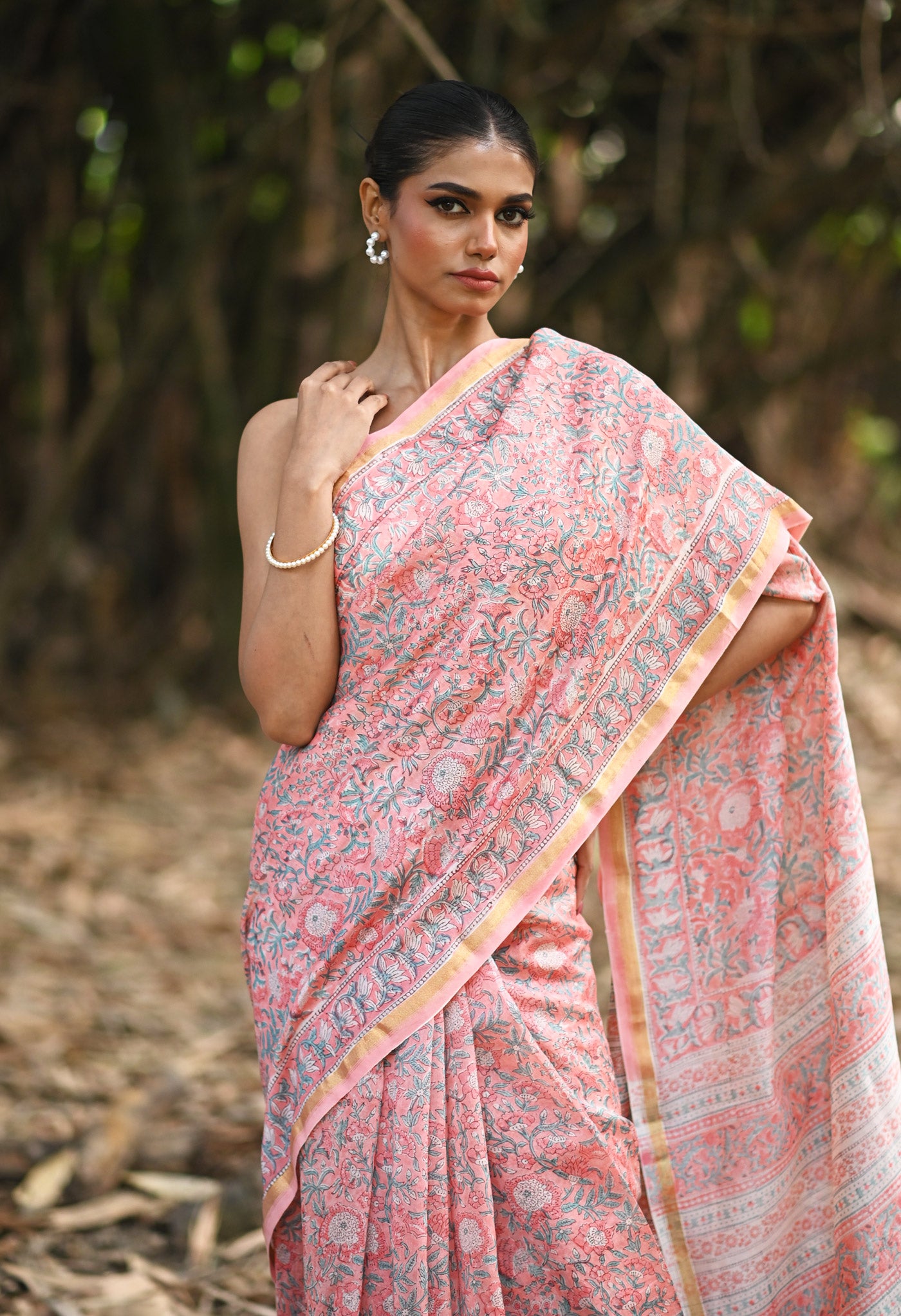 Coral Pink Pure Hand Block Printed Chanderi Sico Saree-UNM81646