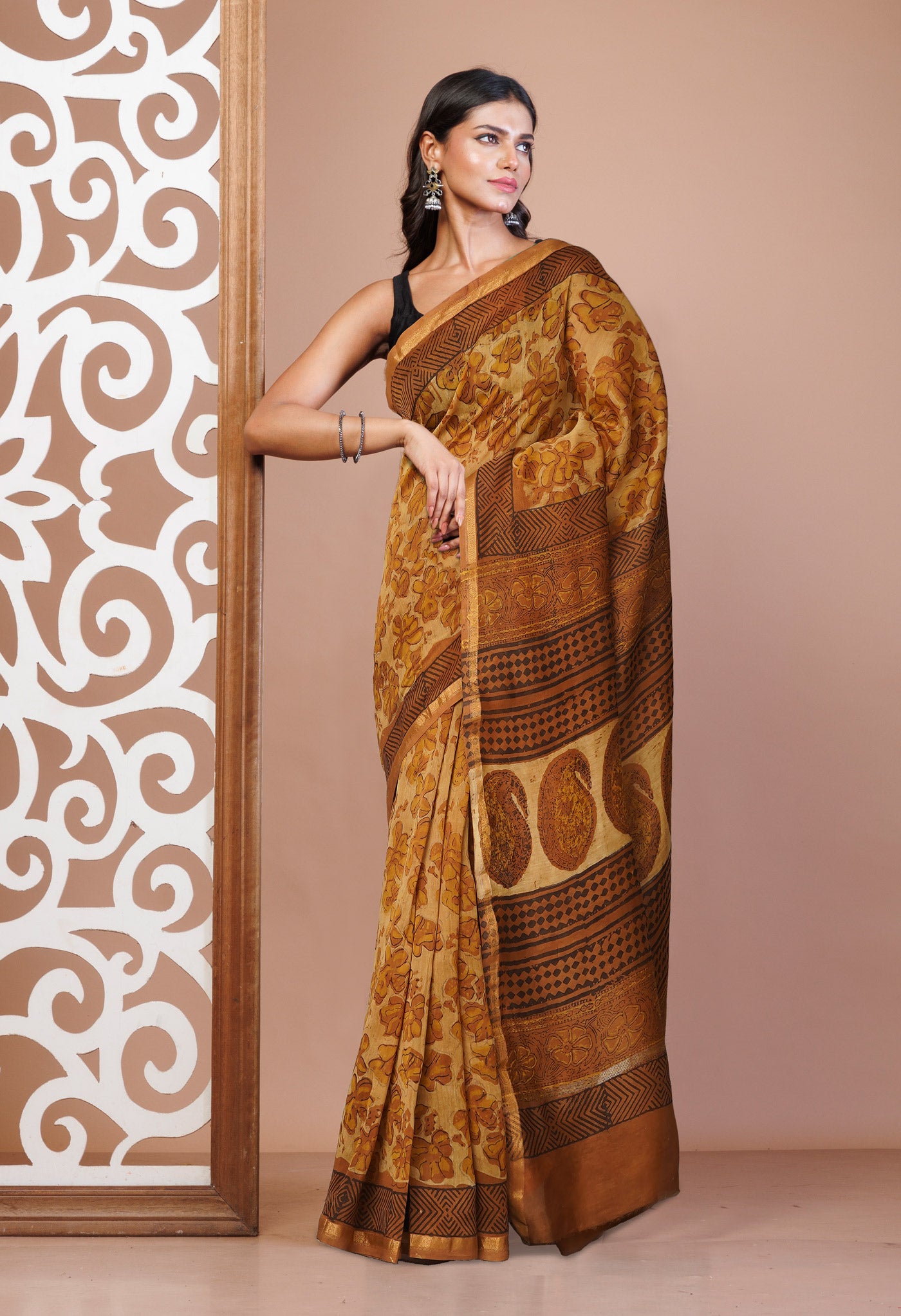 Brown Pure Vanaspathi Block Printed Chanderi Sico Saree-UNM81647