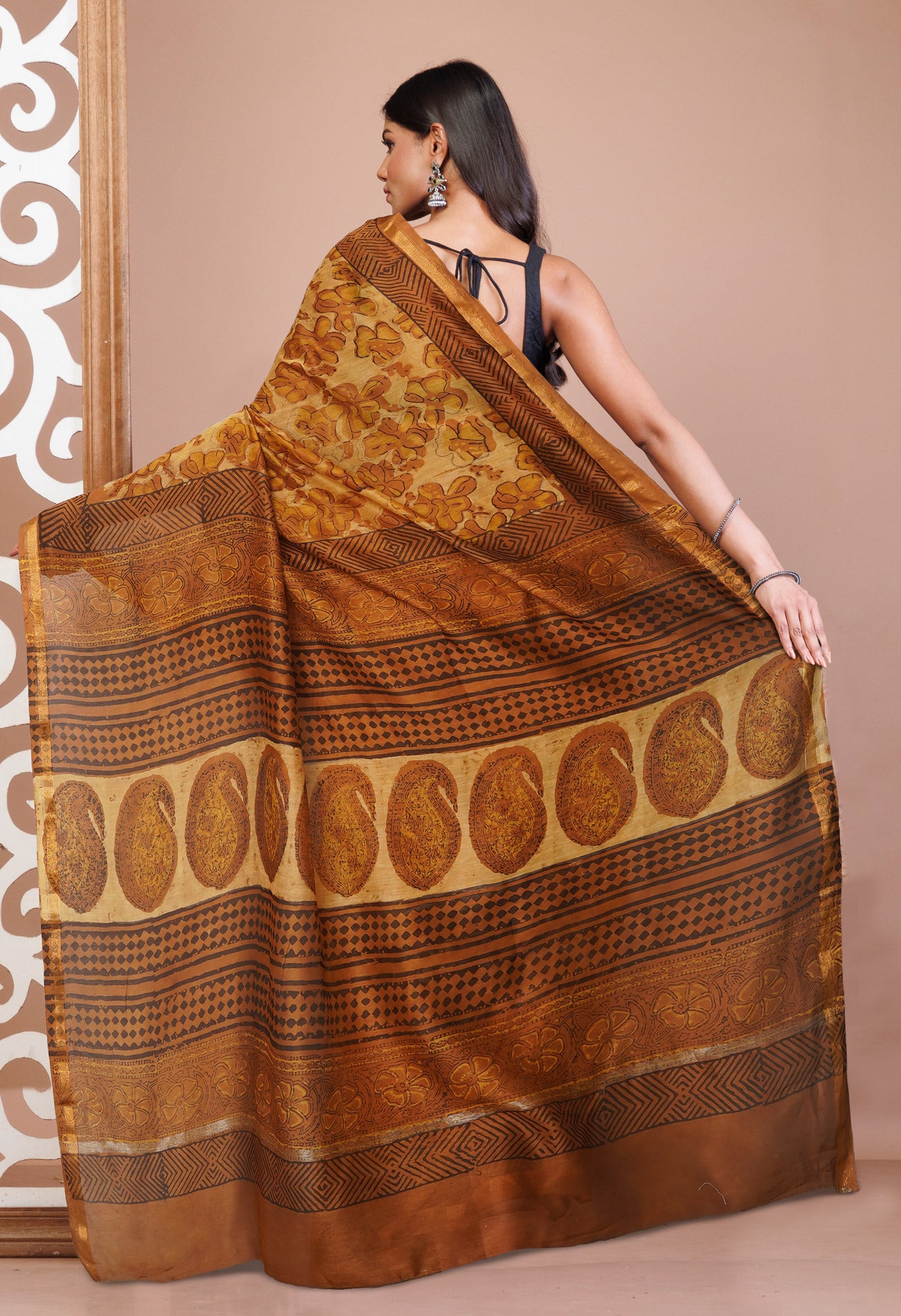 Brown Pure Vanaspathi Block Printed Chanderi Sico Saree-UNM81647