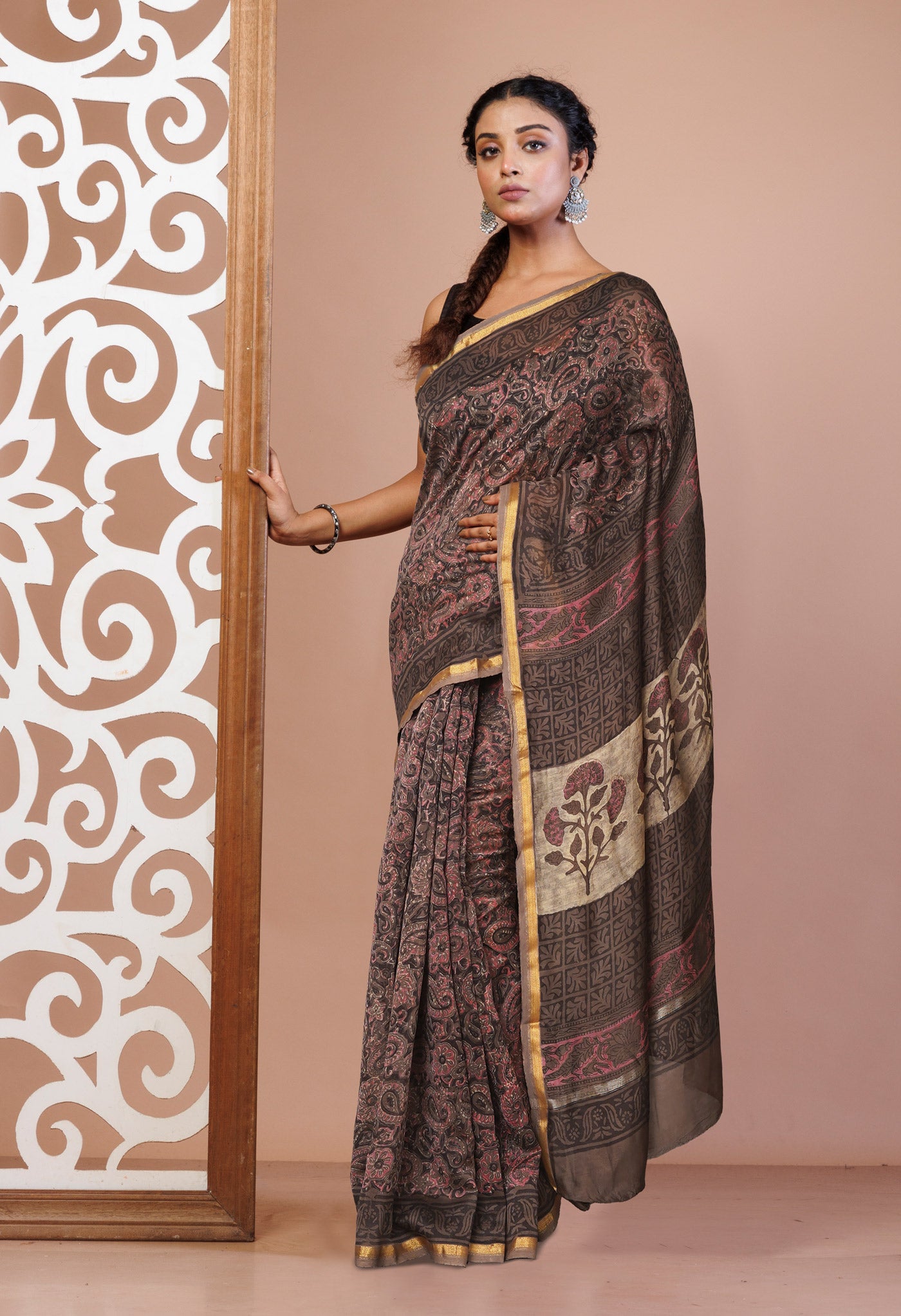 Grey Pure Vanaspathi Block Printed Chanderi Sico Saree-UNM81648