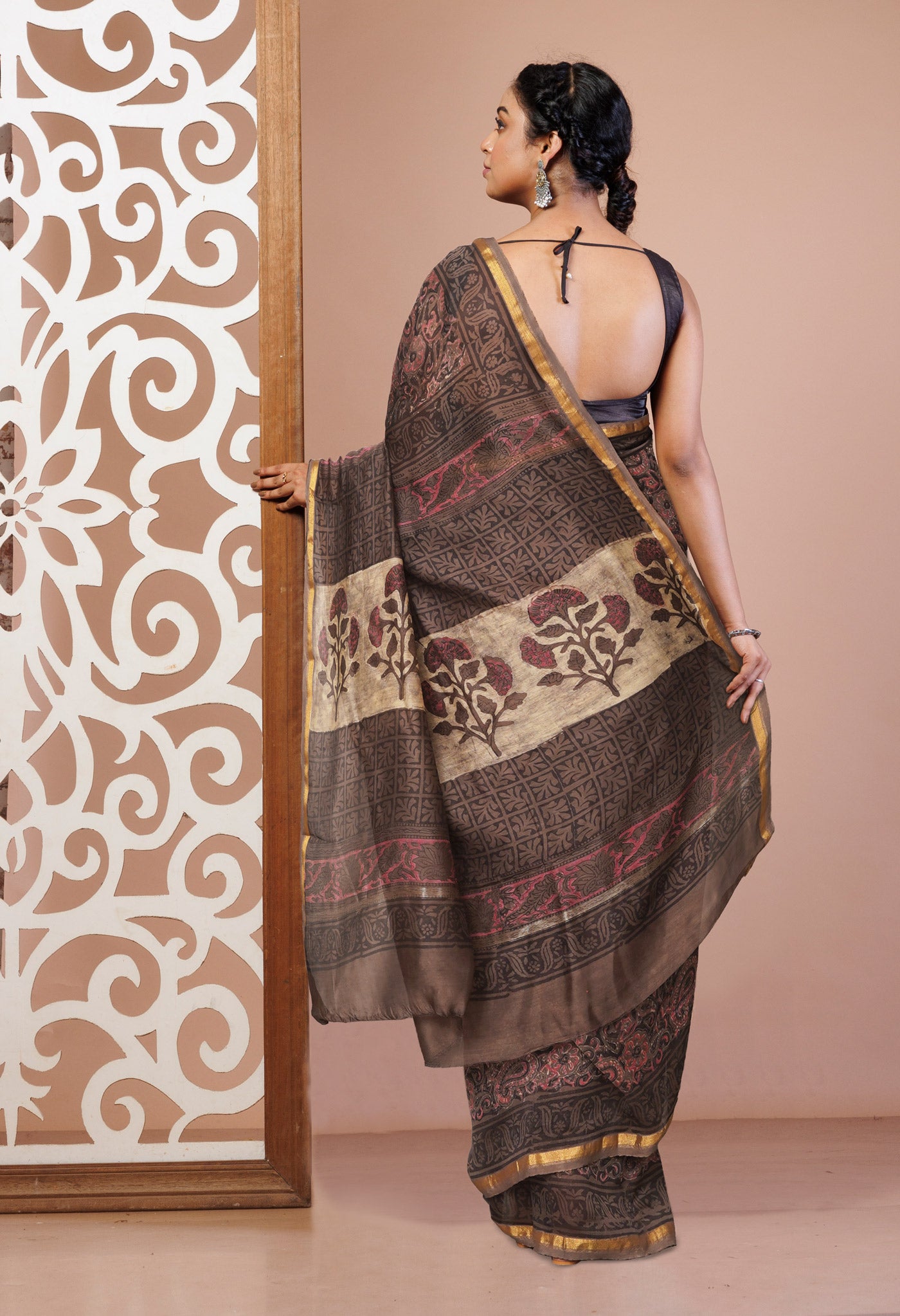 Grey Pure Vanaspathi Block Printed Chanderi Sico Saree-UNM81648