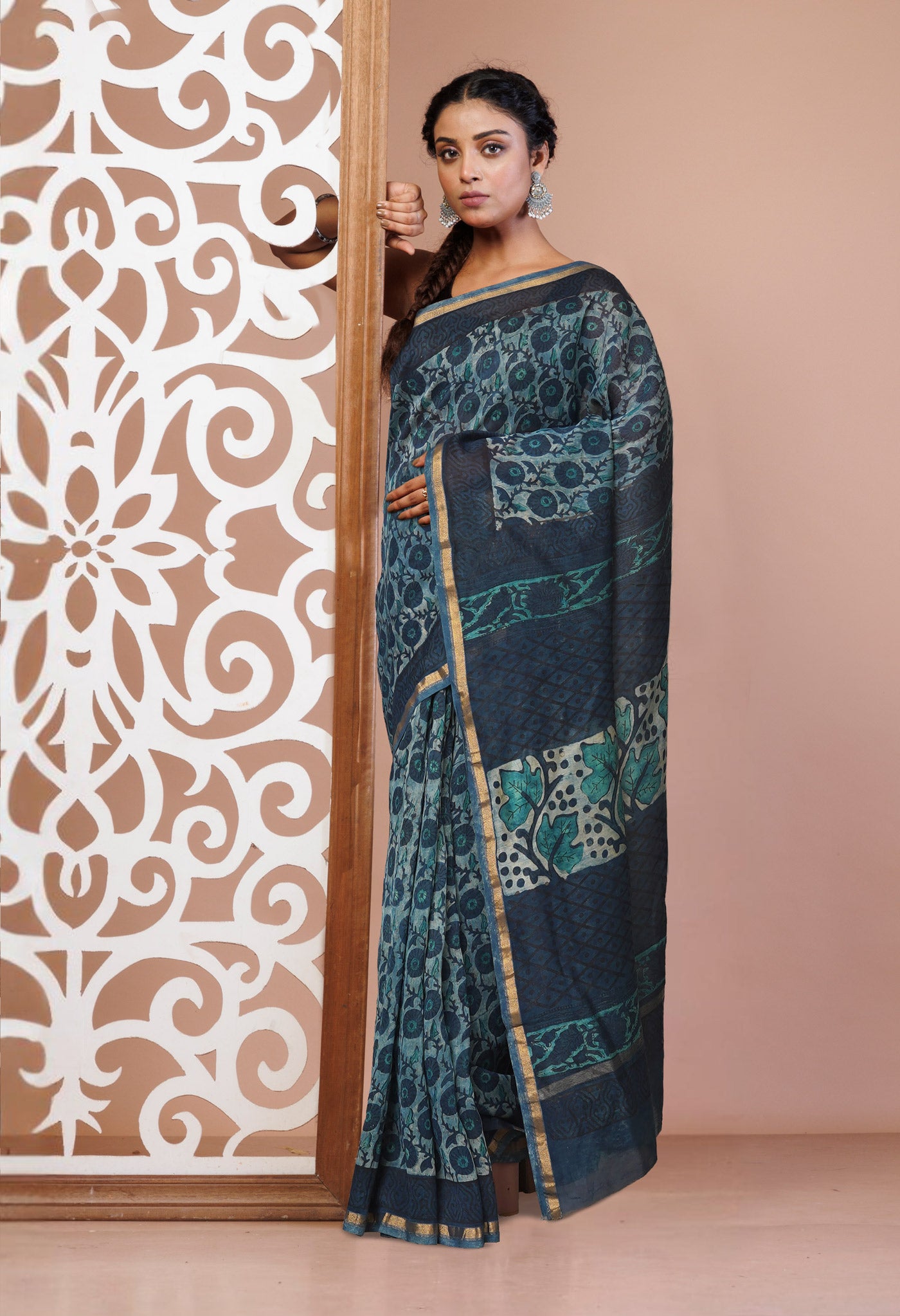 Blue Pure Vanaspathi Block Printed Chanderi Sico Saree-UNM81649