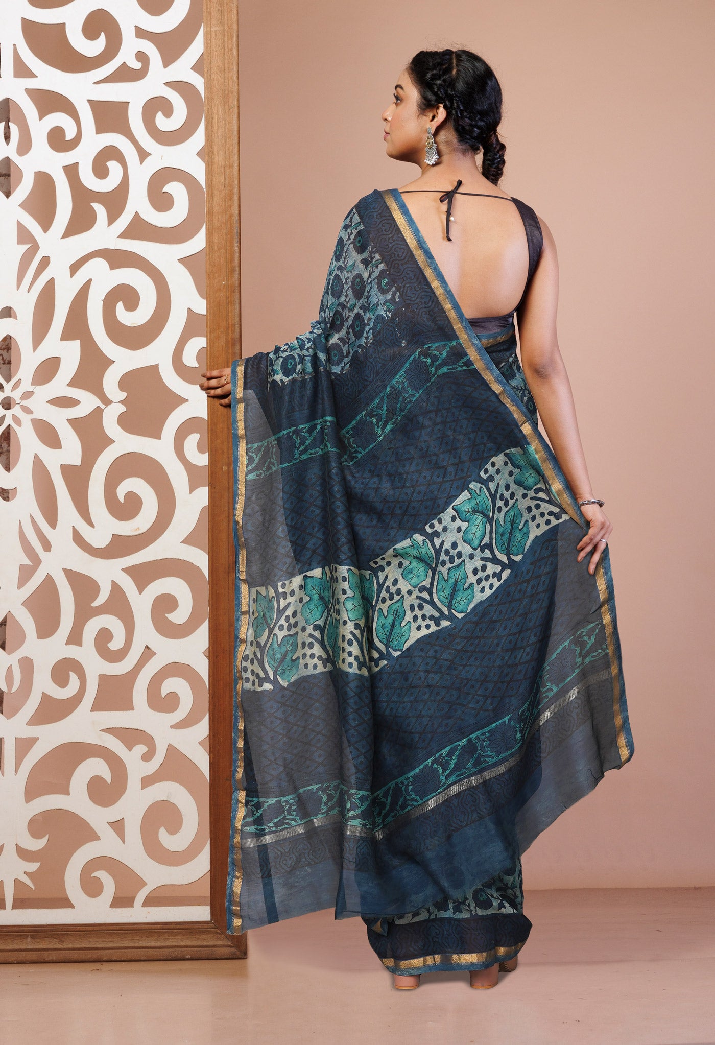 Blue Pure Vanaspathi Block Printed Chanderi Sico Saree-UNM81649